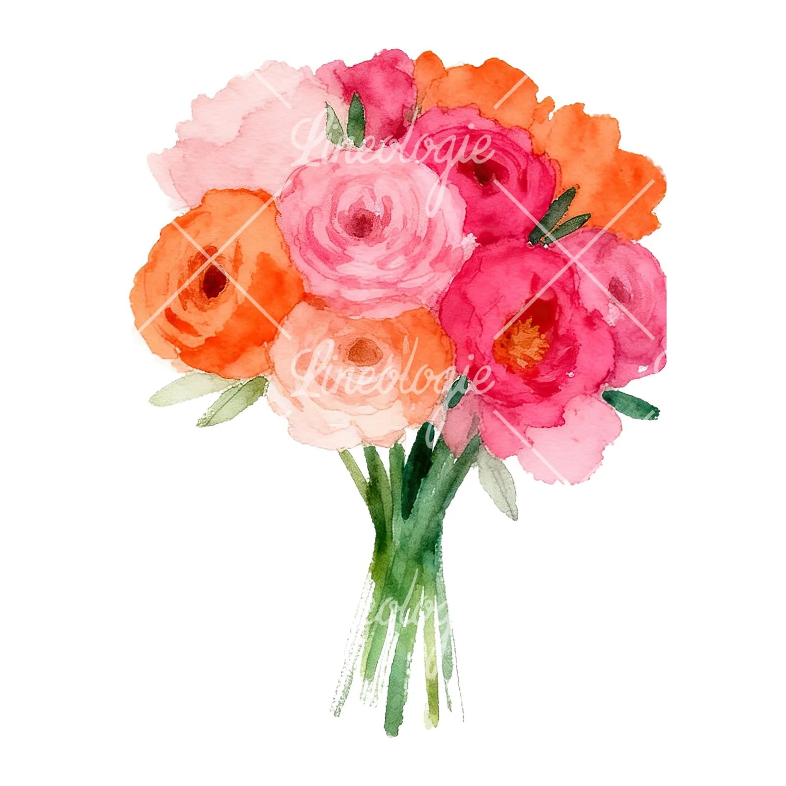 Watercolor hot pink and orange wedding bouquet tightly clustered clipart 6 of 9 on a white background (JPG)