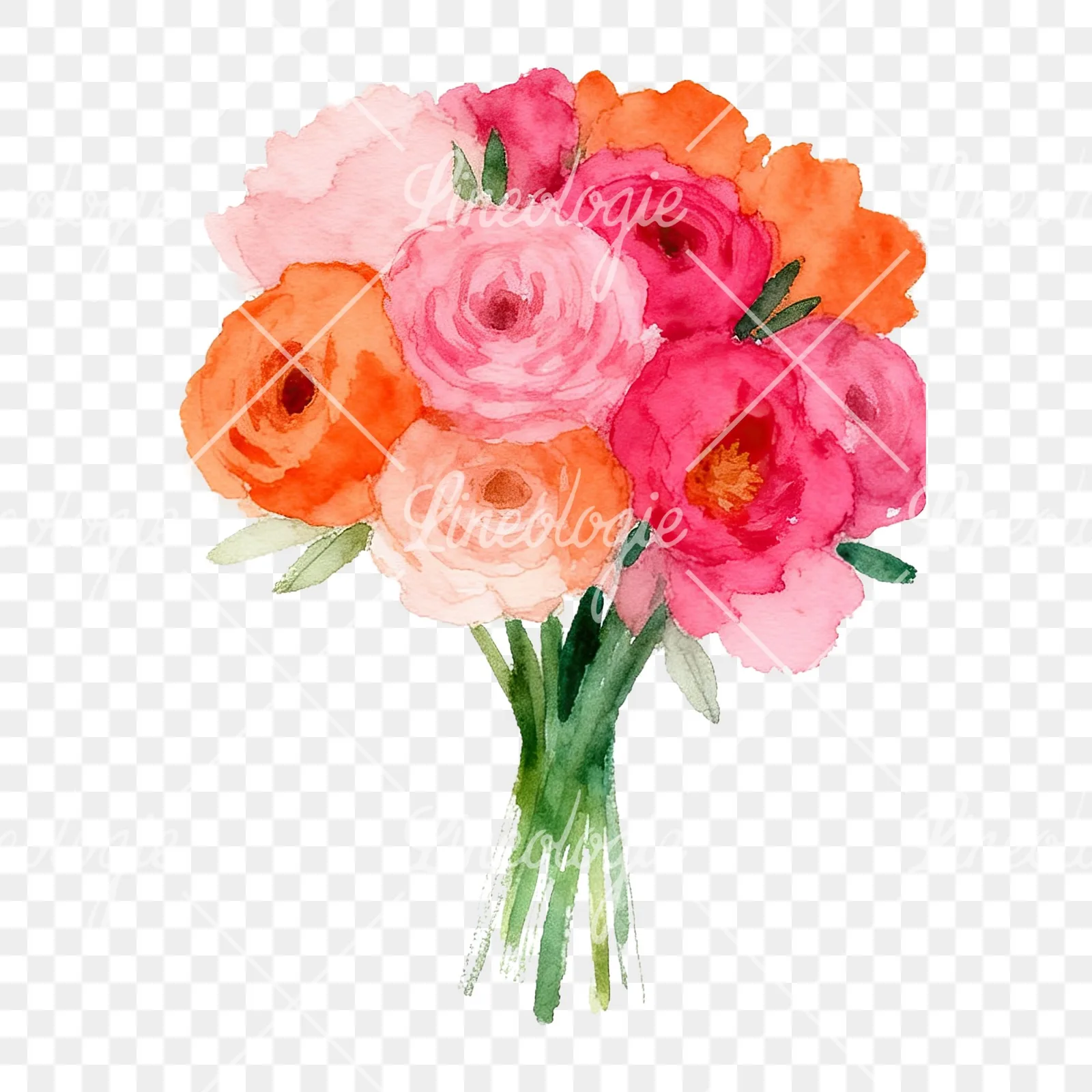 Watercolor hot pink and orange wedding bouquet tightly clustered clipart 6 of 9 on a transparent background (PNG)