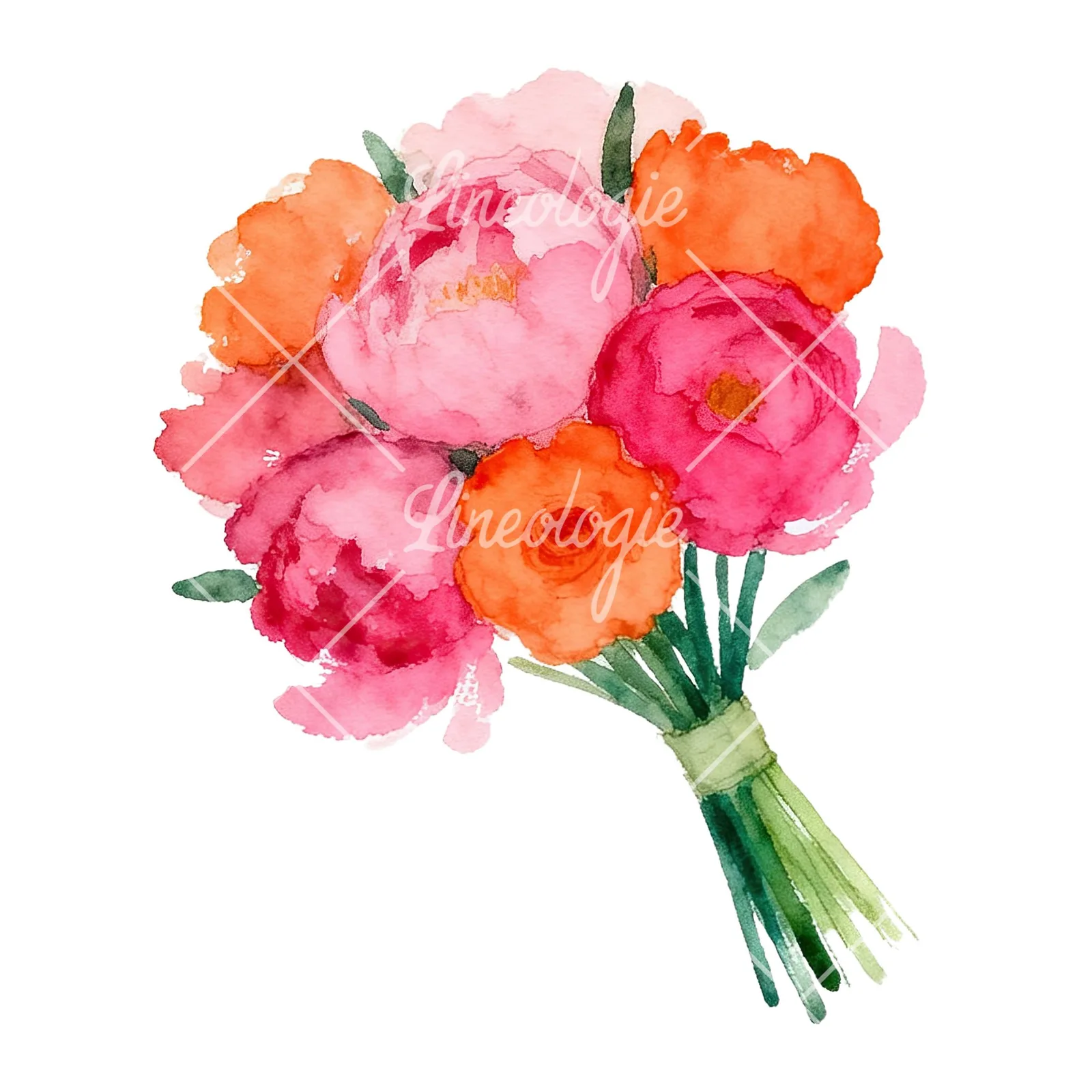 Watercolor hot pink and orange wedding bouquet tightly clustered clipart 7 of 9 on a white background (JPG)