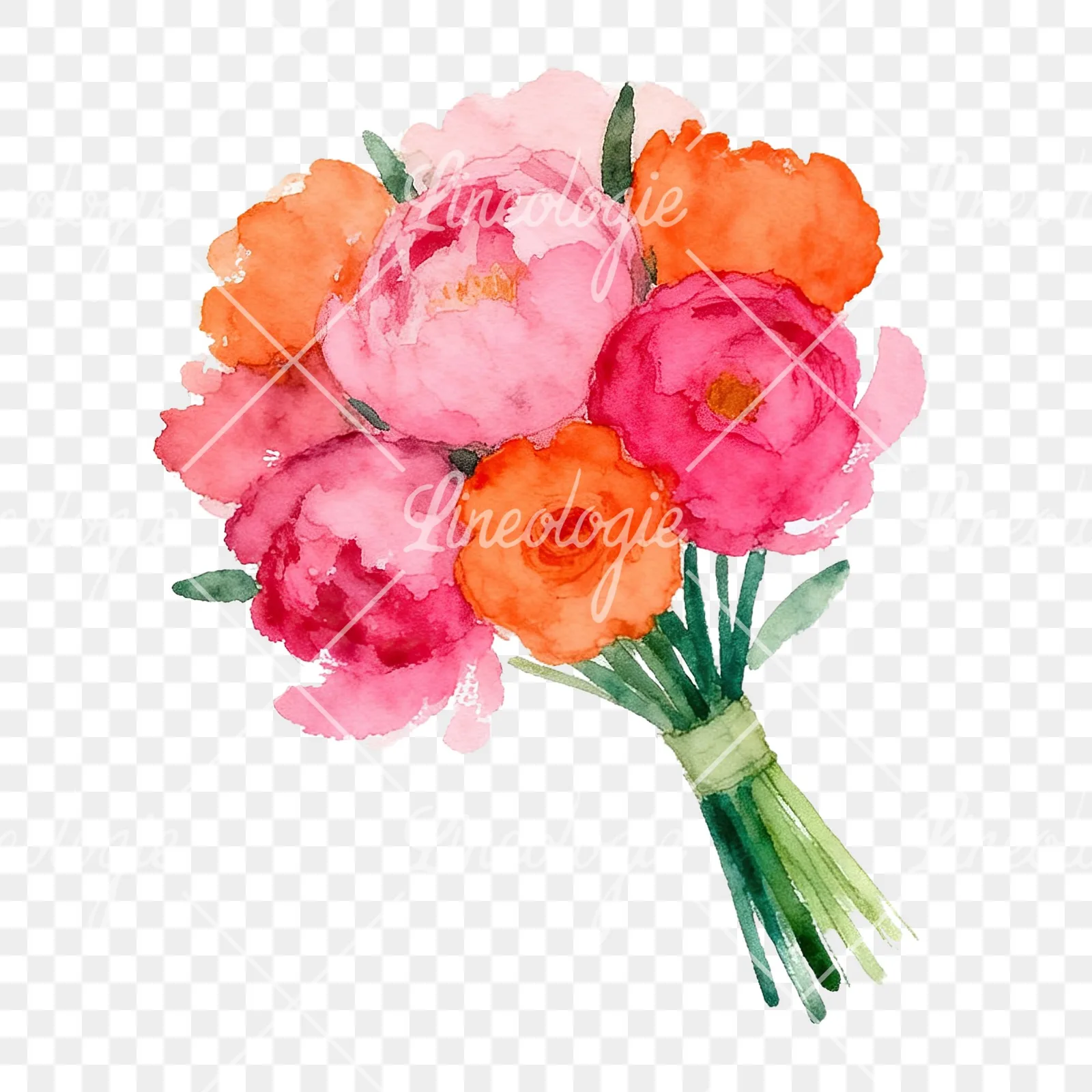 Watercolor hot pink and orange wedding bouquet tightly clustered clipart 7 of 9 on a transparent background (PNG)