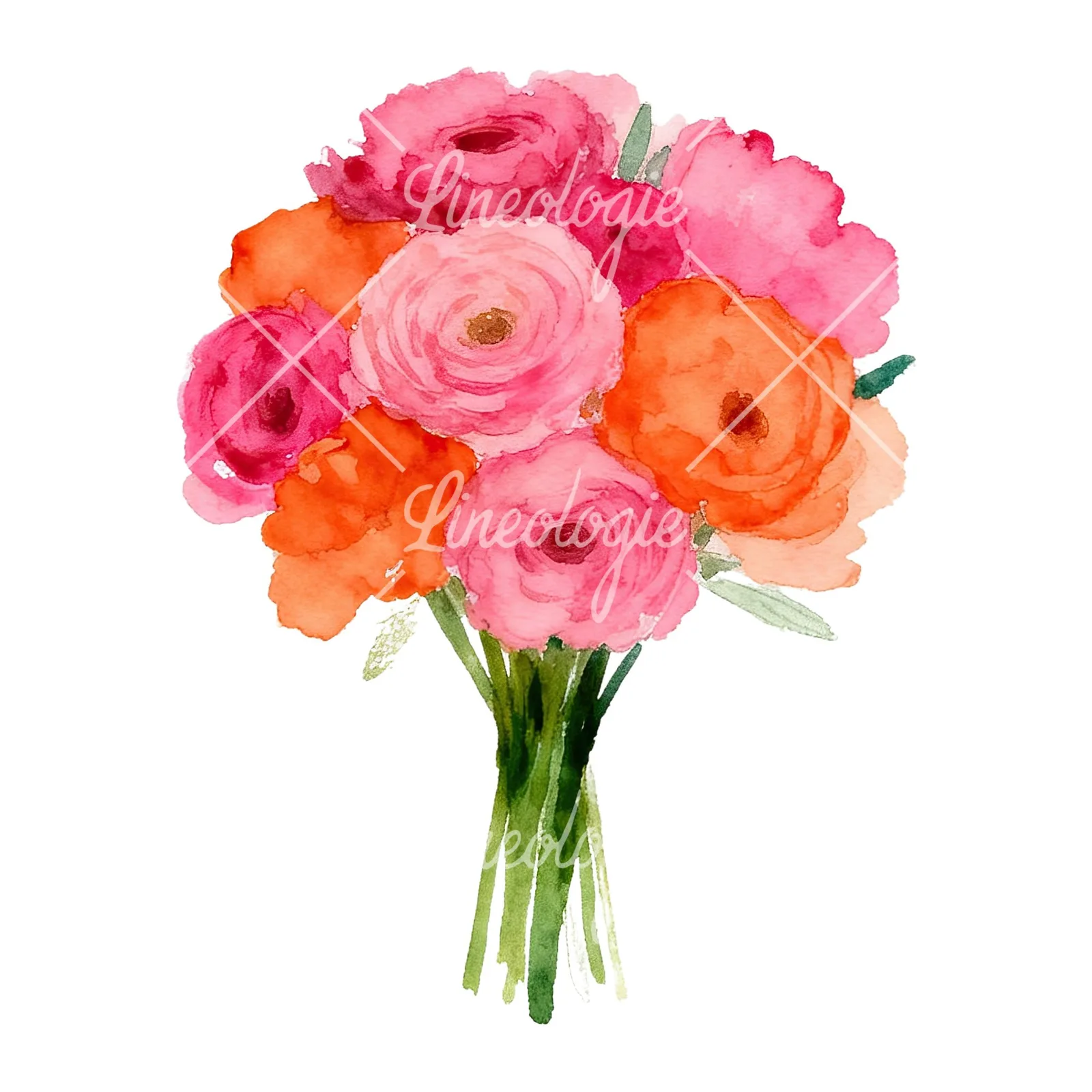 Watercolor hot pink and orange wedding bouquet tightly clustered clipart 8 of 9 on a white background (JPG)