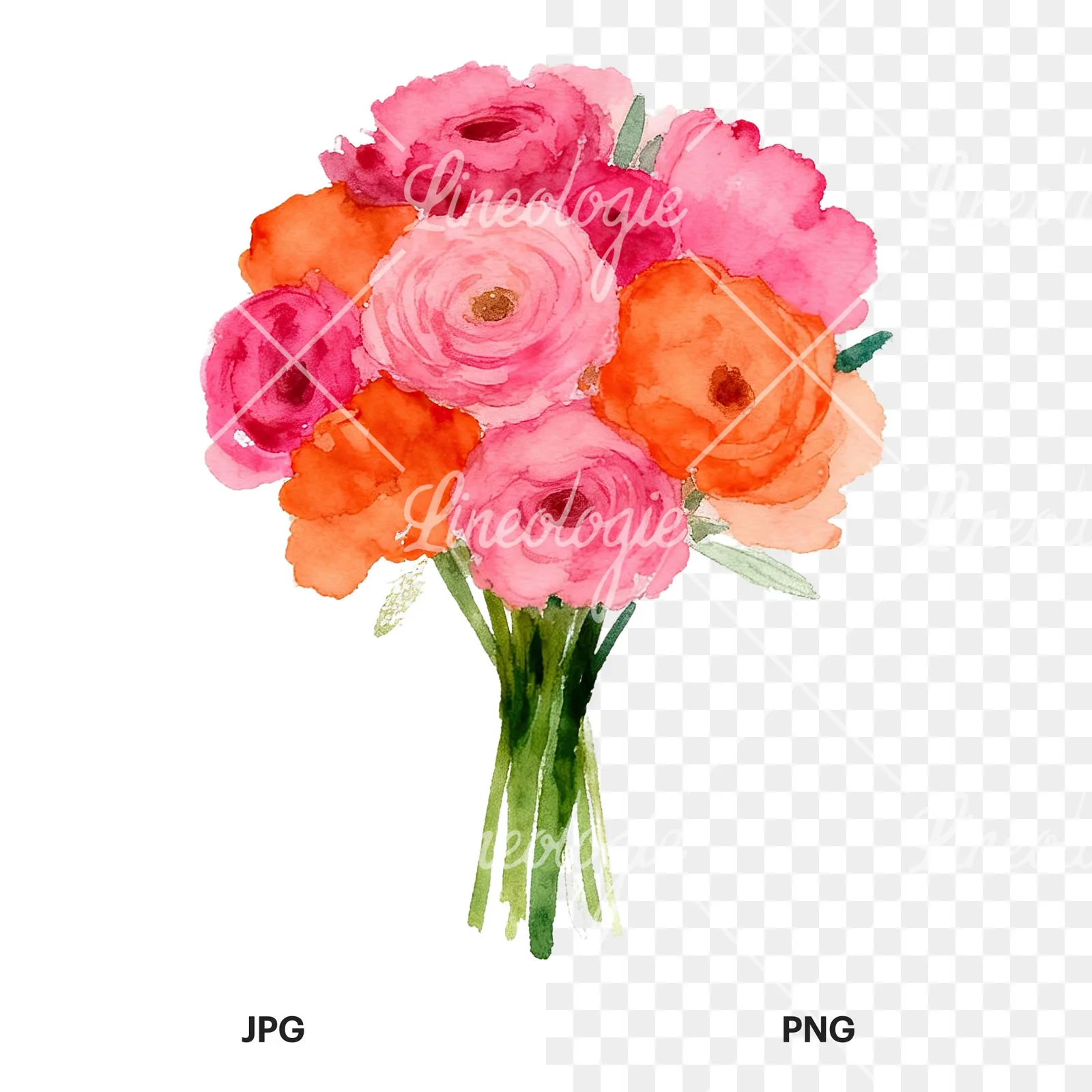 Watercolor hot pink and orange wedding bouquet tightly clustered clipart 8 of 9, as a JPG on white and a transparent PNG