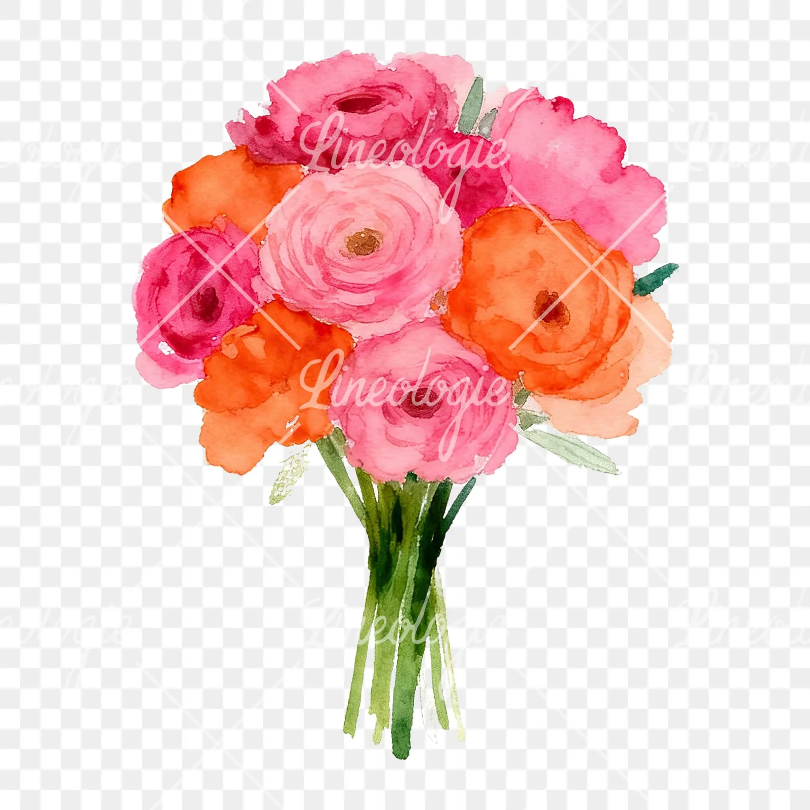 Watercolor hot pink and orange wedding bouquet tightly clustered clipart 8 of 9 on a transparent background (PNG)