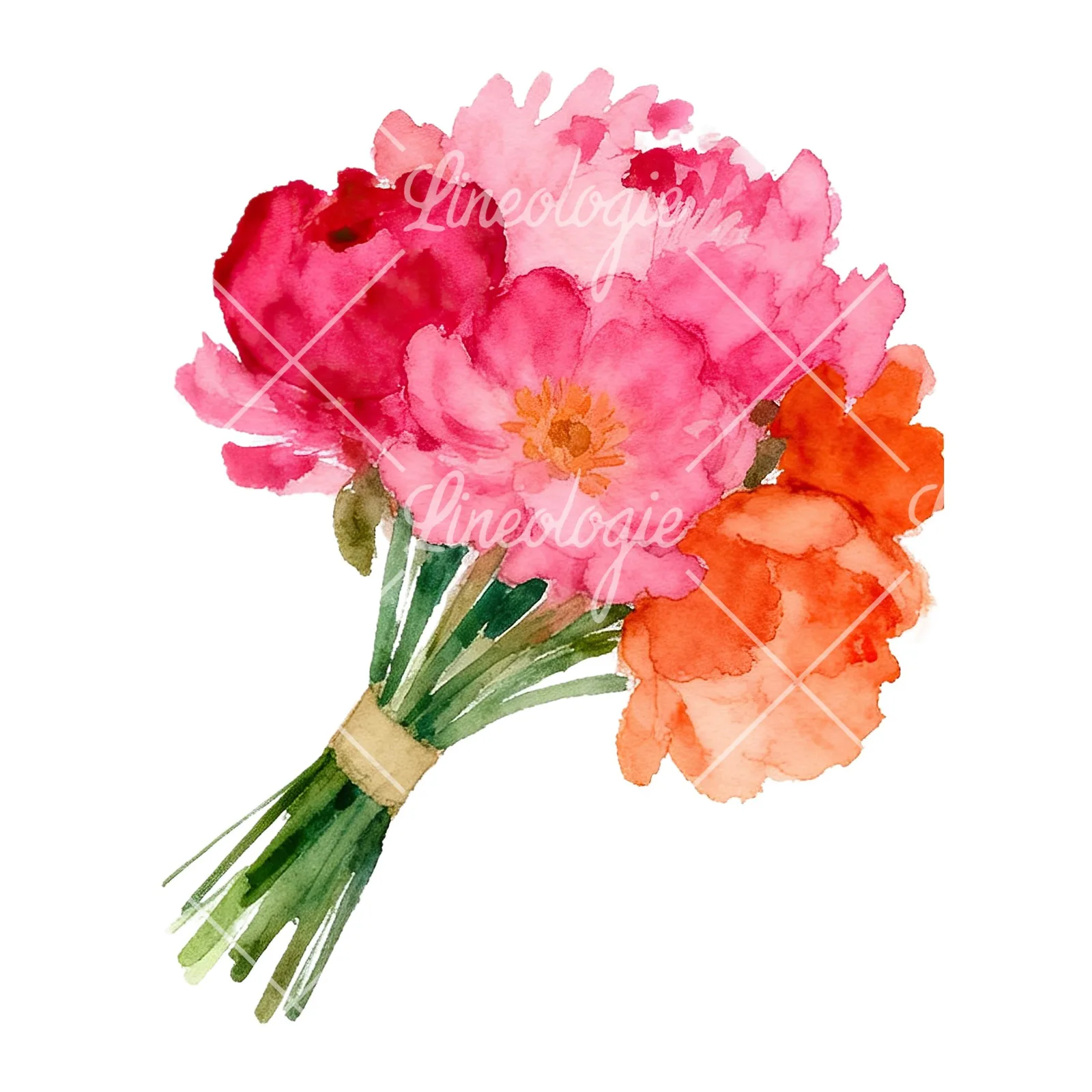 Watercolor hot pink and orange wedding bouquet tightly clustered clipart 9 of 9 on a white background (JPG)