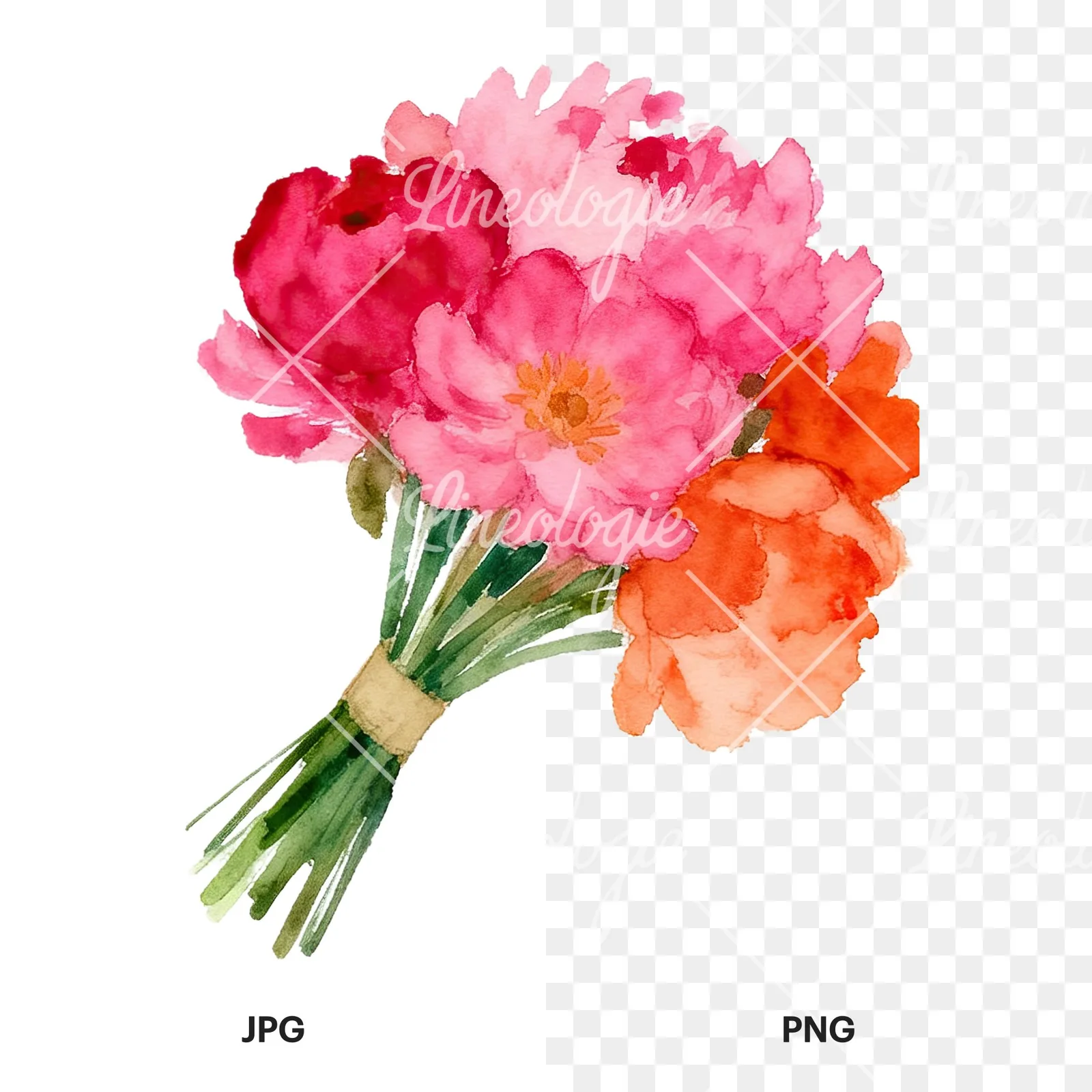 Watercolor hot pink and orange wedding bouquet tightly clustered clipart 9 of 9, as a JPG on white and a transparent PNG