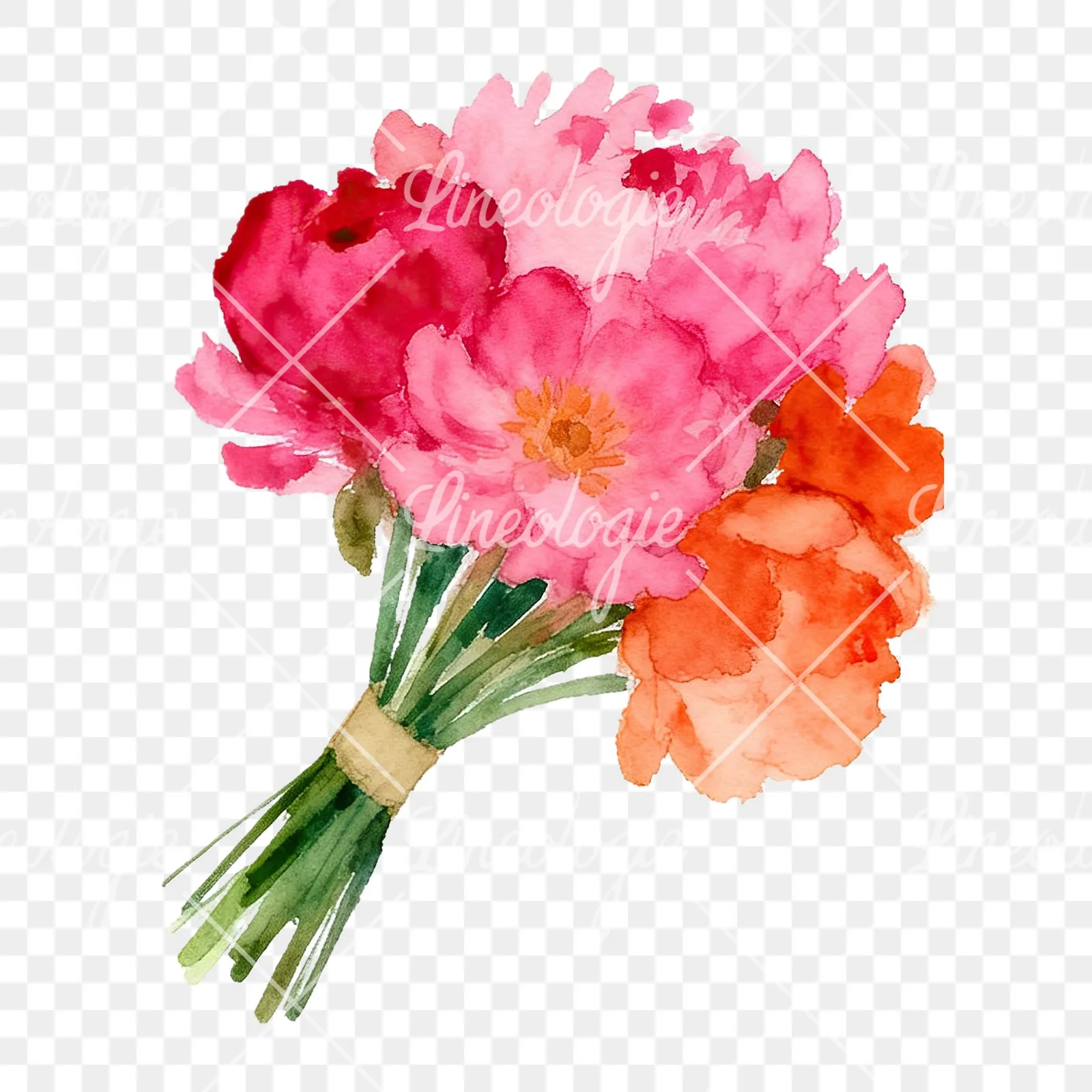 Watercolor hot pink and orange wedding bouquet tightly clustered clipart 9 of 9 on a transparent background (PNG)