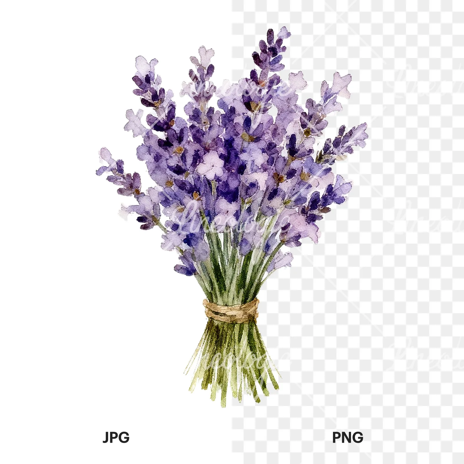 Watercolor lavender bouquet with lilac hues clipart 1 of 9, as a JPG on white and a transparent PNG