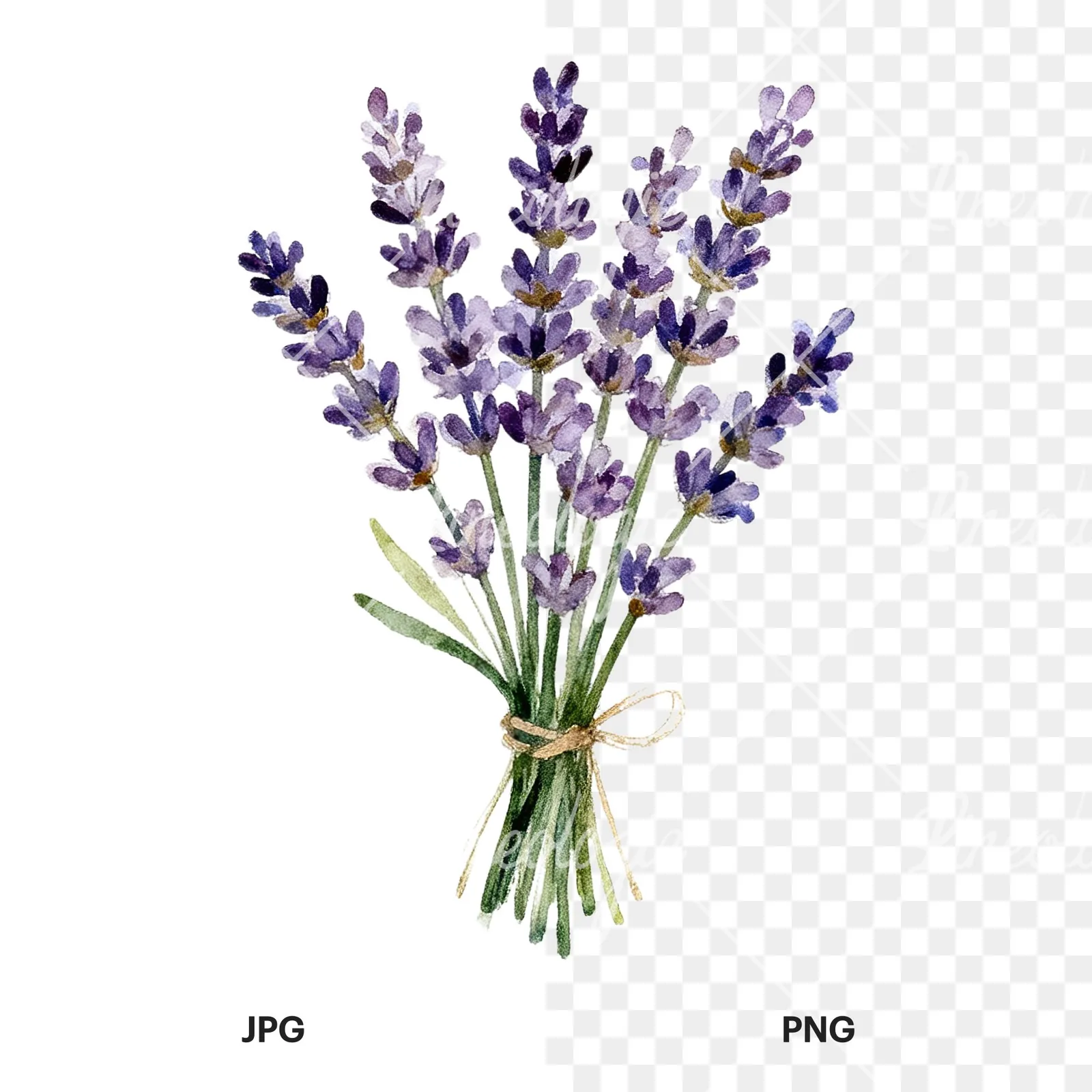 Watercolor lavender bouquet with lilac hues clipart 2 of 9, as a JPG on white and a transparent PNG