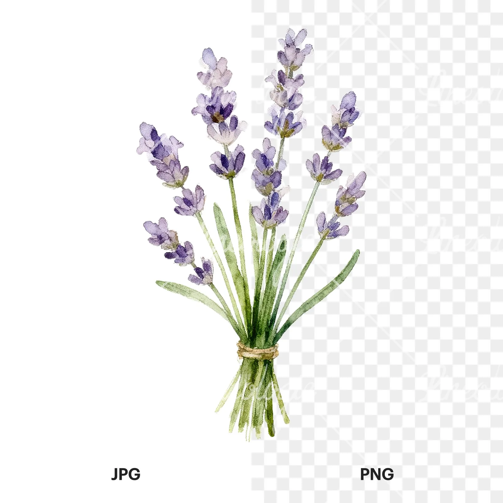 Watercolor lavender bouquet with lilac hues clipart 3 of 9, as a JPG on white and a transparent PNG