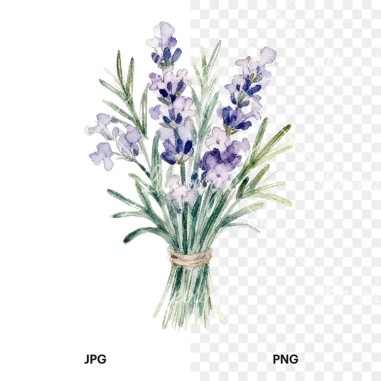 Watercolor lavender bouquet with lilac hues clipart 7 of 9, as a JPG on white and a transparent PNG