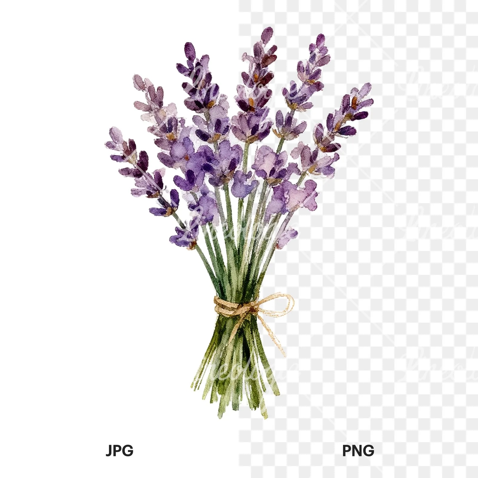 Watercolor lavender bouquet with lilac hues clipart 8 of 9, as a JPG on white and a transparent PNG