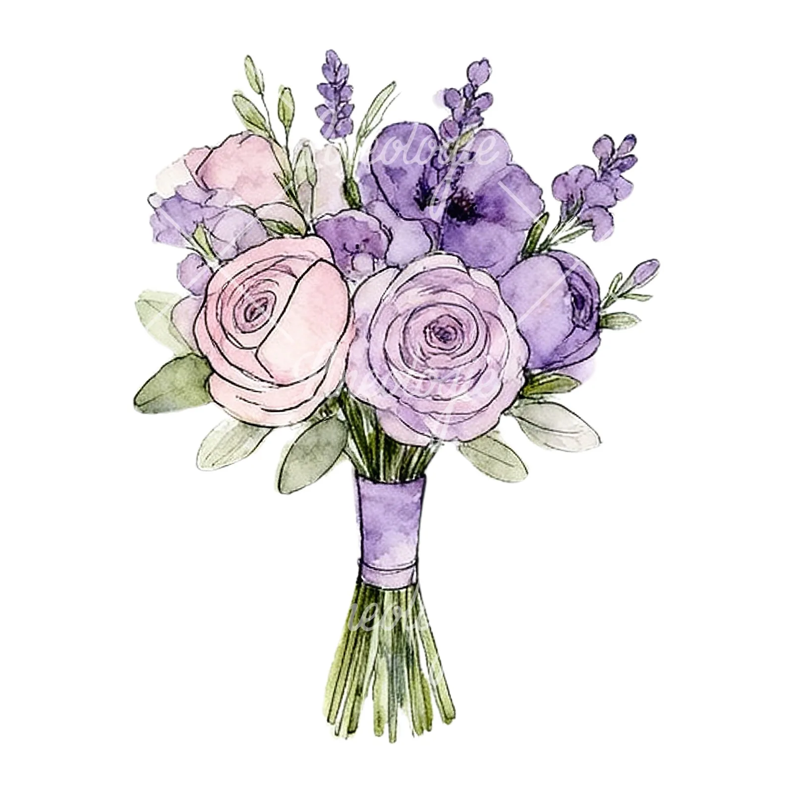 Watercolor lavender pale pink wedding bouquet clipart 1 of 9 on a white background (JPG)