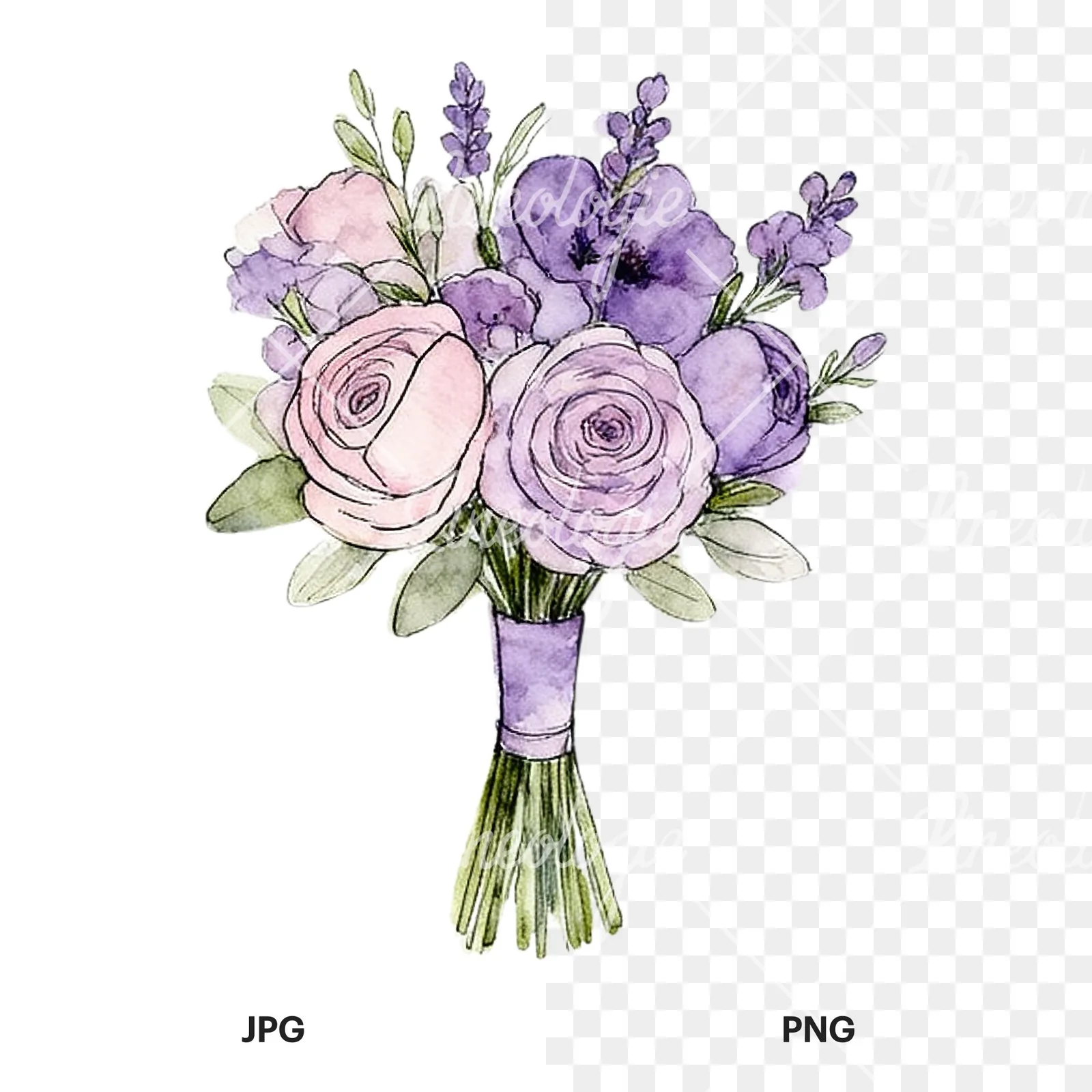 Watercolor lavender pale pink wedding bouquet clipart 1 of 9, as a JPG on white and a transparent PNG