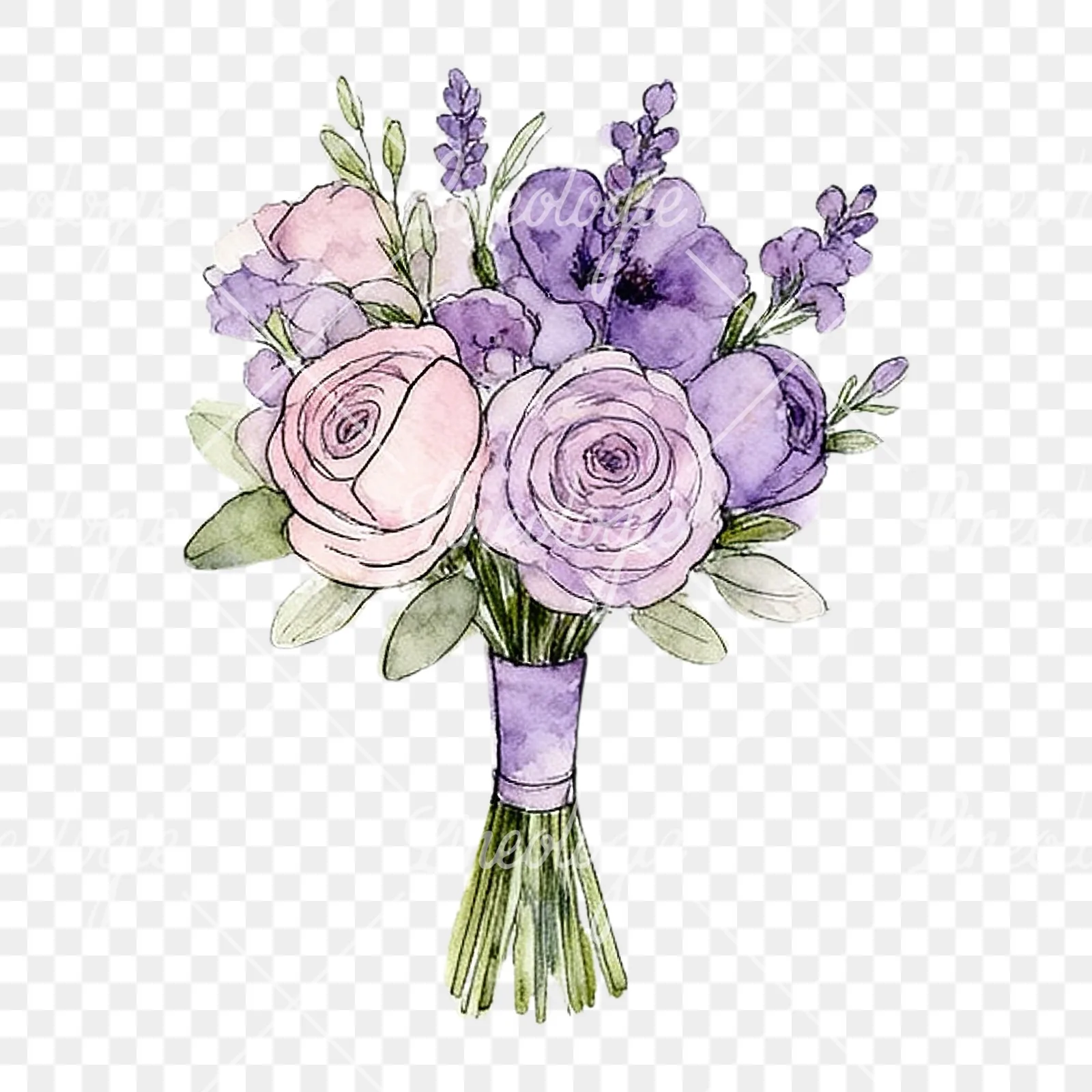 Watercolor lavender pale pink wedding bouquet clipart 1 of 9 on a transparent background (PNG)