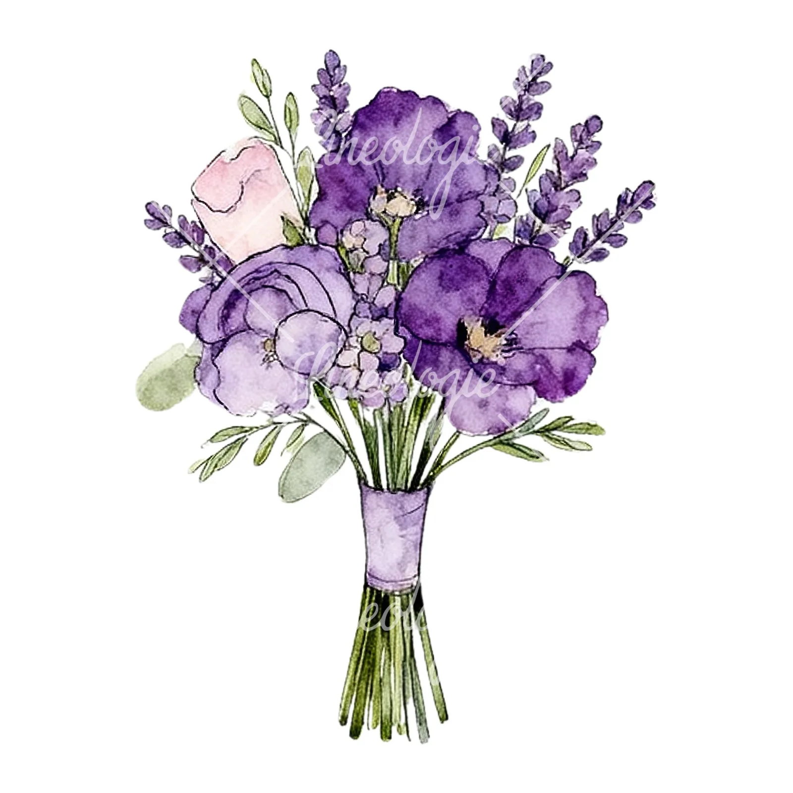 Watercolor lavender pale pink wedding bouquet clipart 2 of 9 on a white background (JPG)