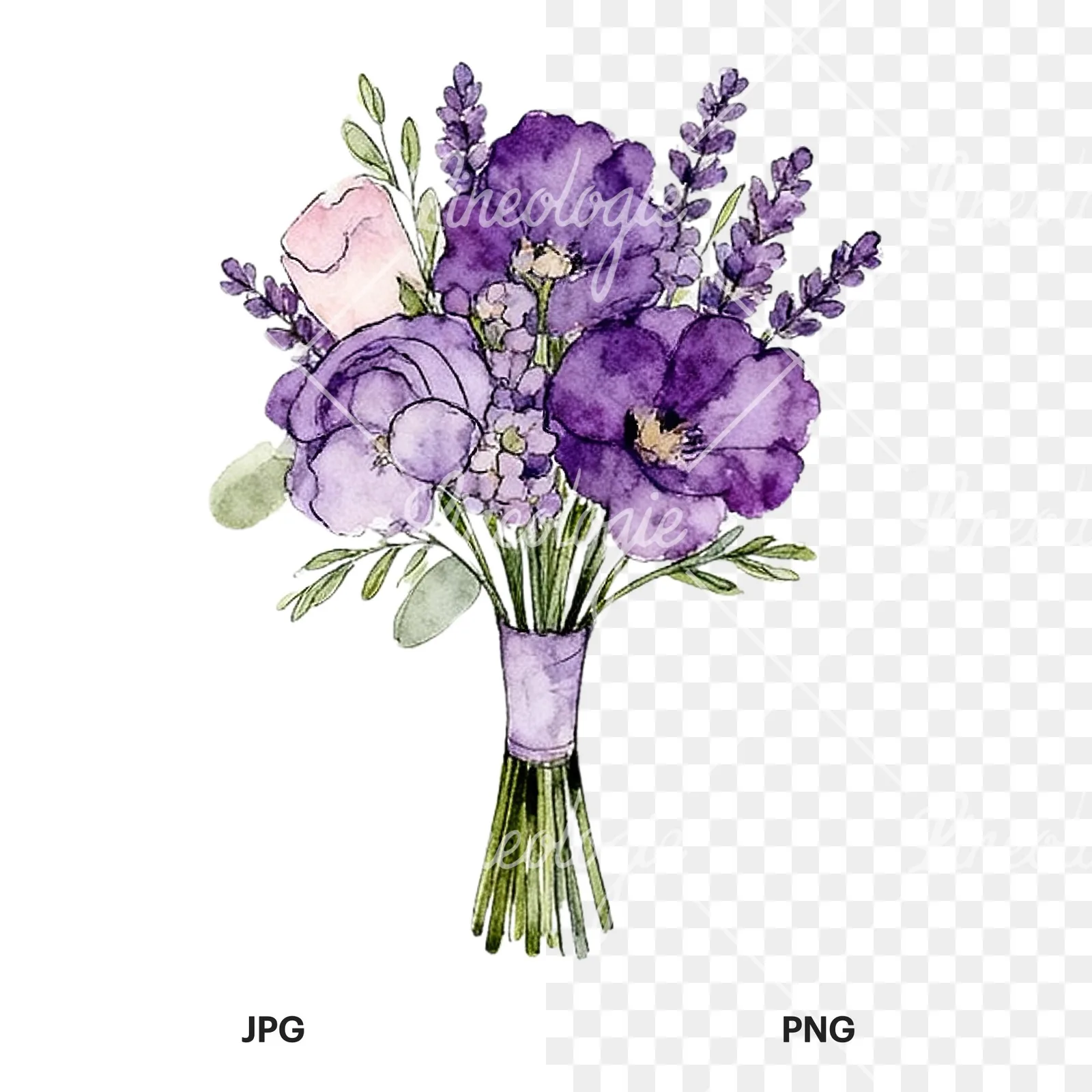 Watercolor lavender pale pink wedding bouquet clipart 2 of 9, as a JPG on white and a transparent PNG
