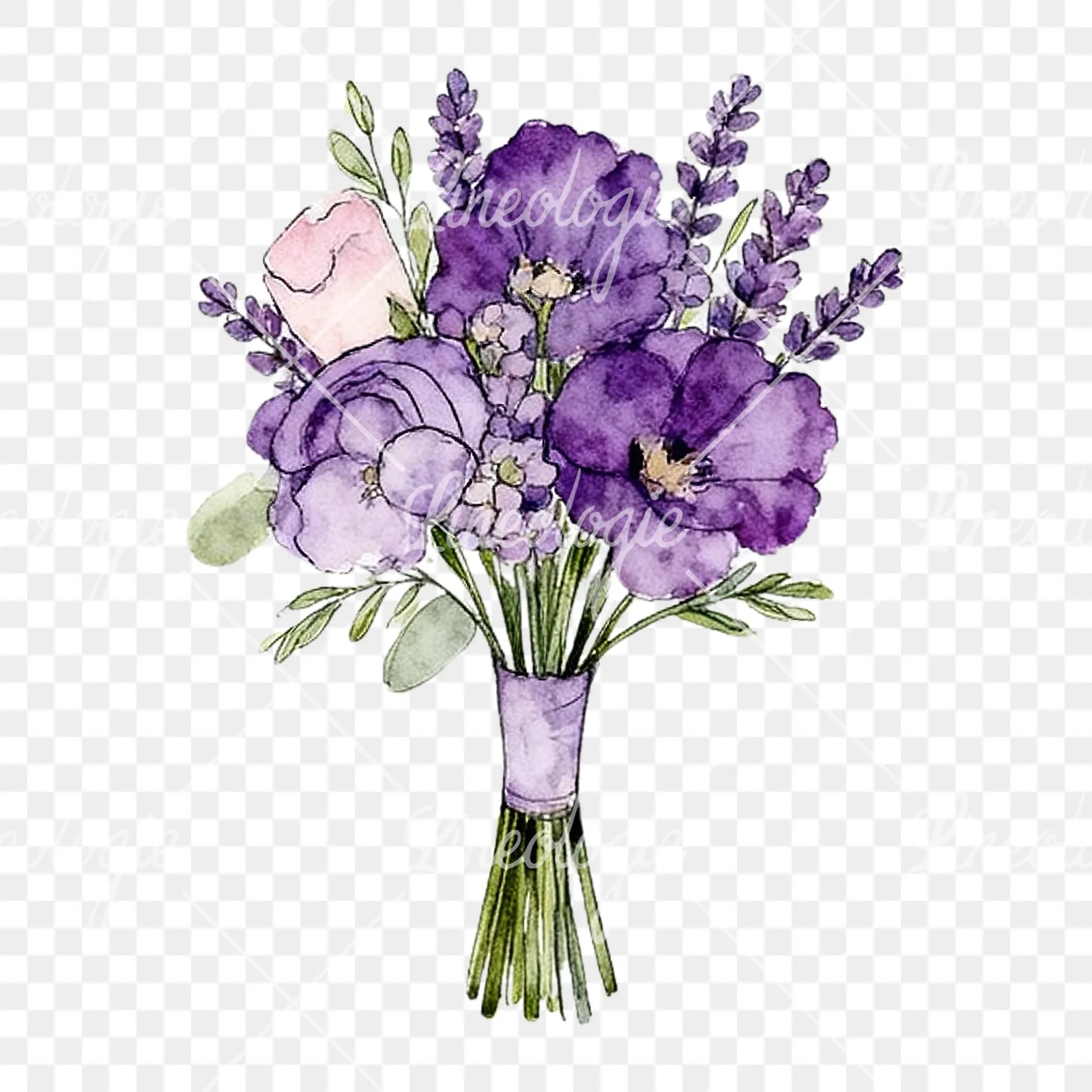 Watercolor lavender pale pink wedding bouquet clipart 2 of 9 on a transparent background (PNG)