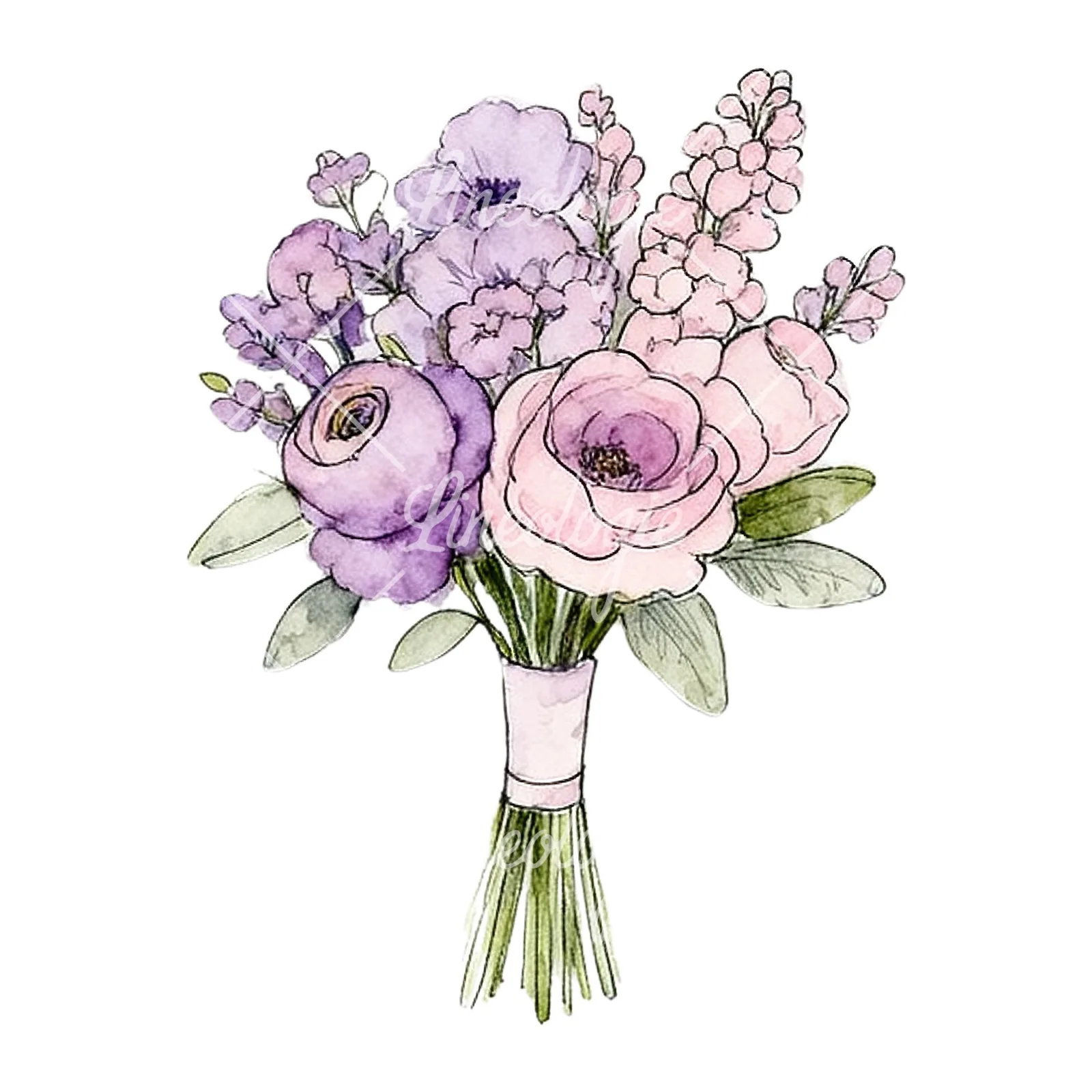 Watercolor lavender pale pink wedding bouquet clipart 3 of 9 on a white background (JPG)