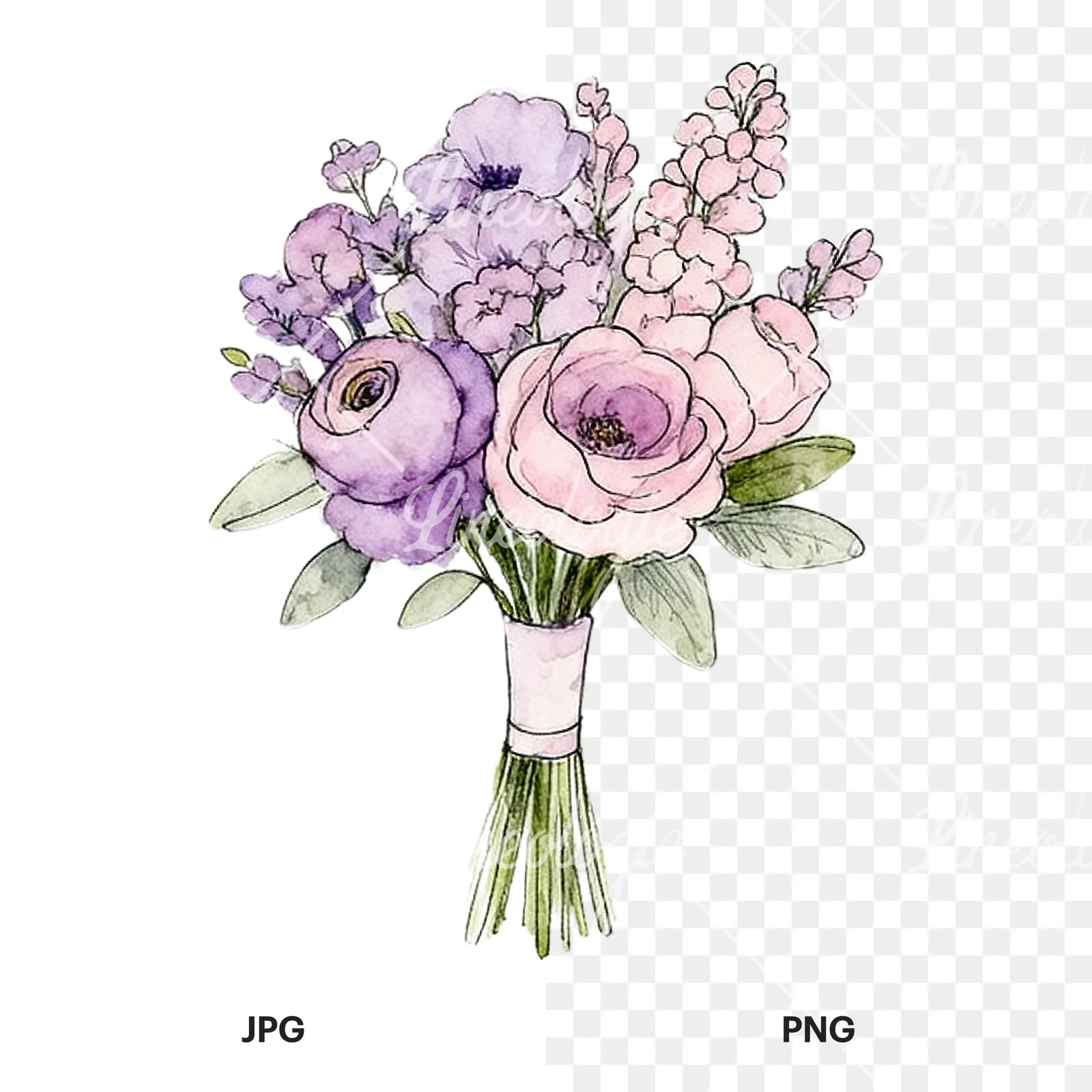 Watercolor lavender pale pink wedding bouquet clipart 3 of 9, as a JPG on white and a transparent PNG