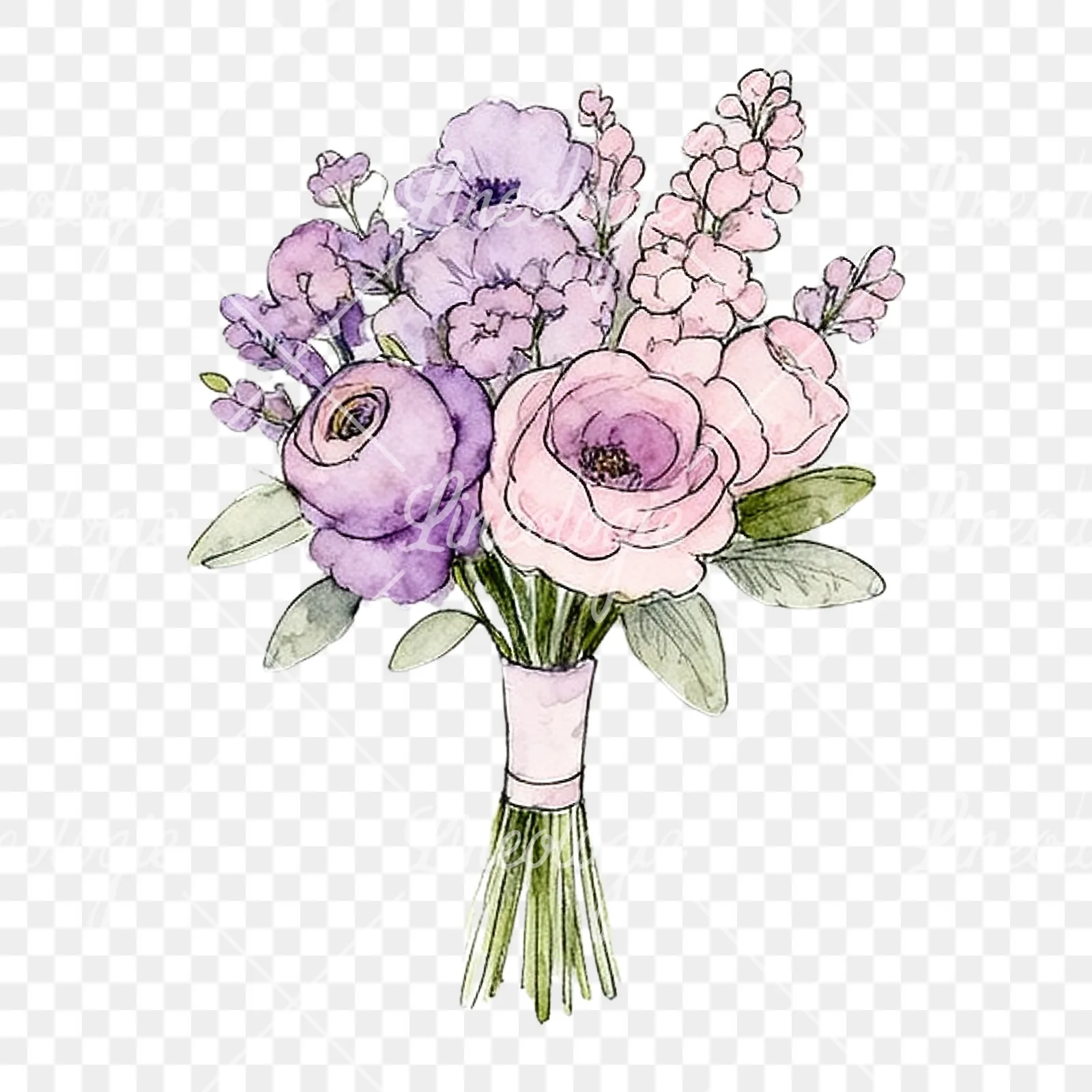 Watercolor lavender pale pink wedding bouquet clipart 3 of 9 on a transparent background (PNG)