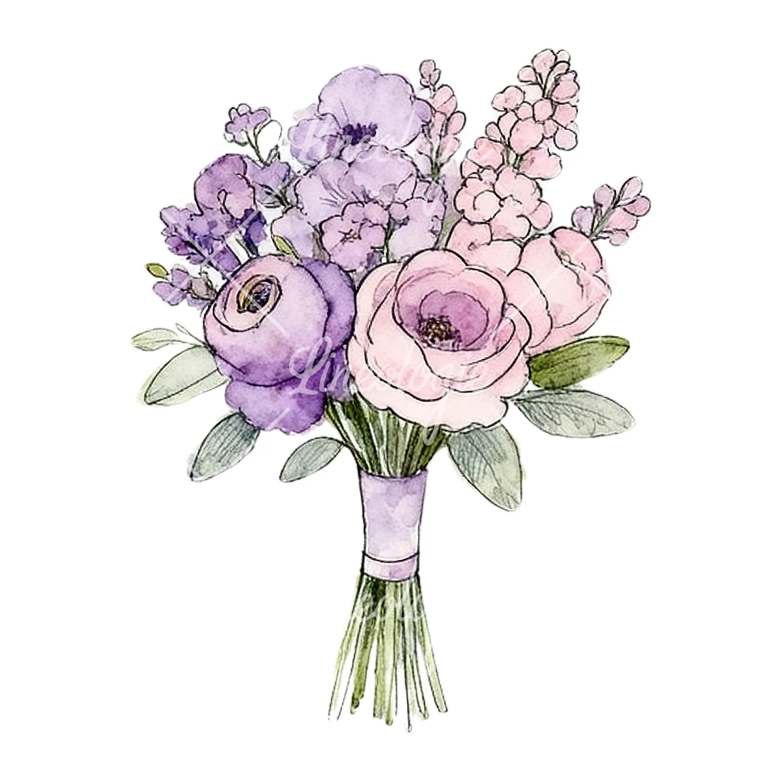 Watercolor lavender pale pink wedding bouquet clipart 4 of 9 on a white background (JPG)