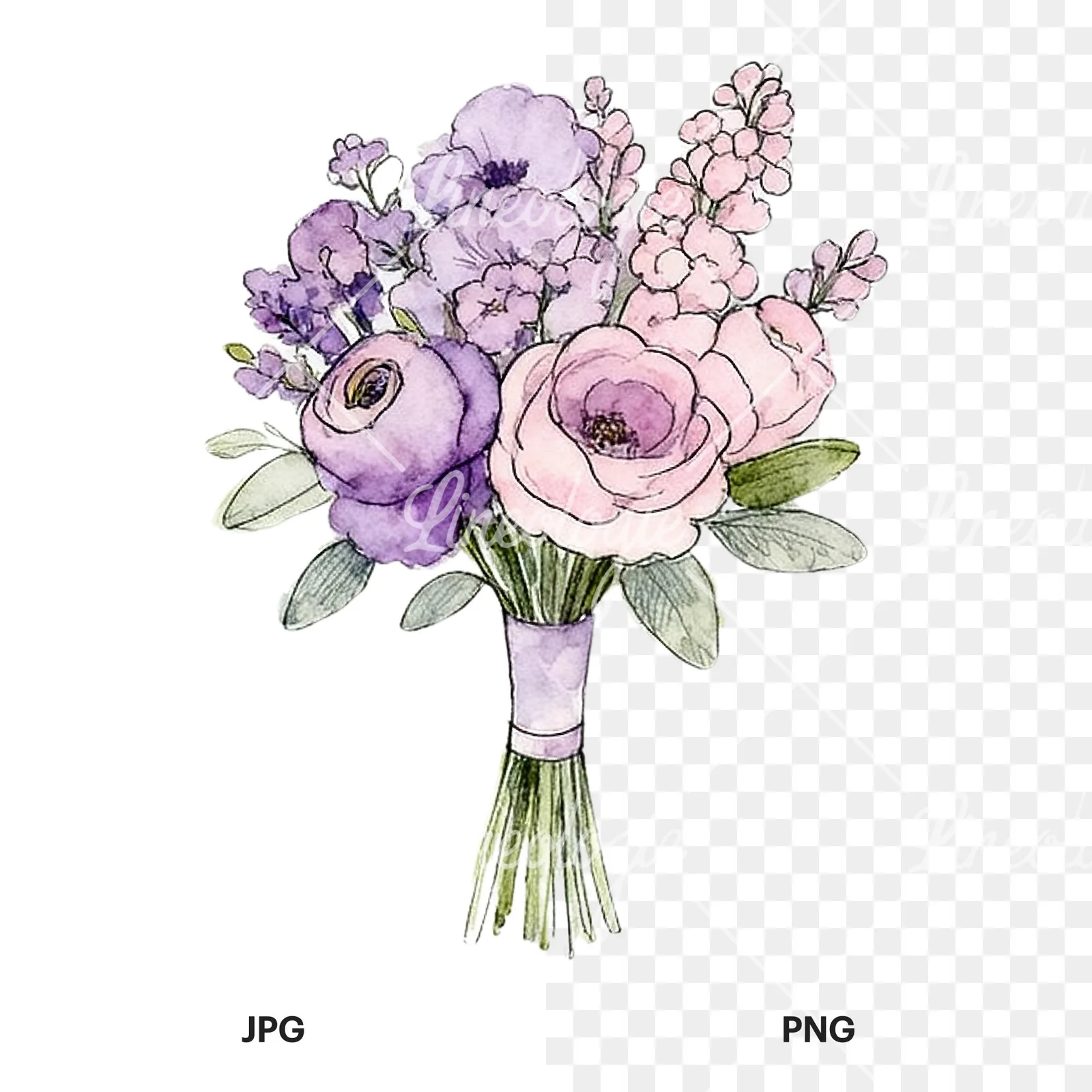 Watercolor lavender pale pink wedding bouquet clipart 4 of 9, as a JPG on white and a transparent PNG