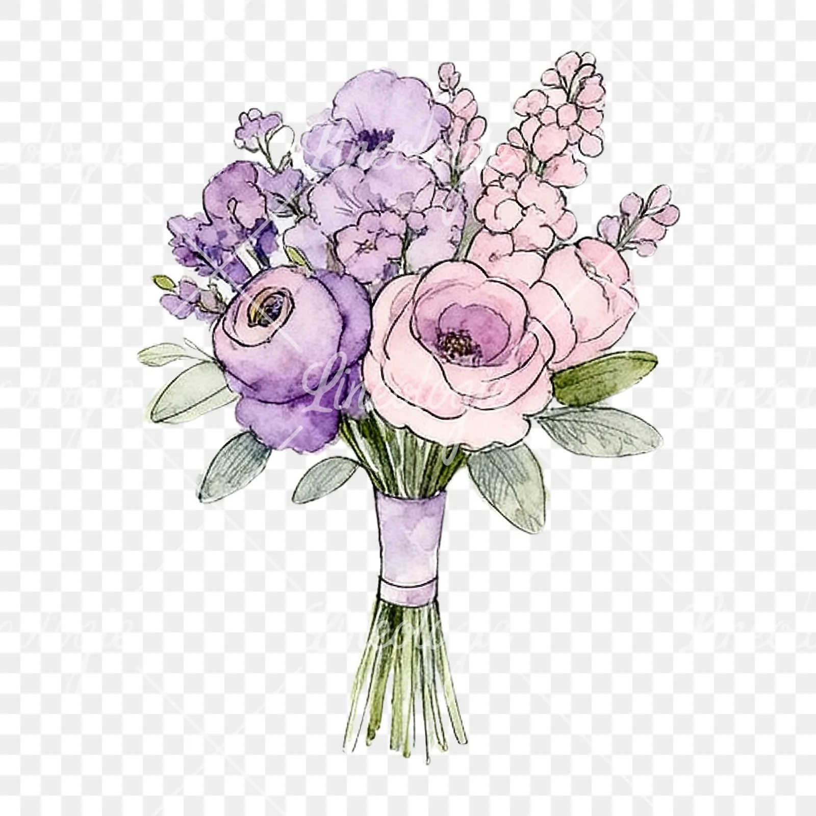 Watercolor lavender pale pink wedding bouquet clipart 4 of 9 on a transparent background (PNG)
