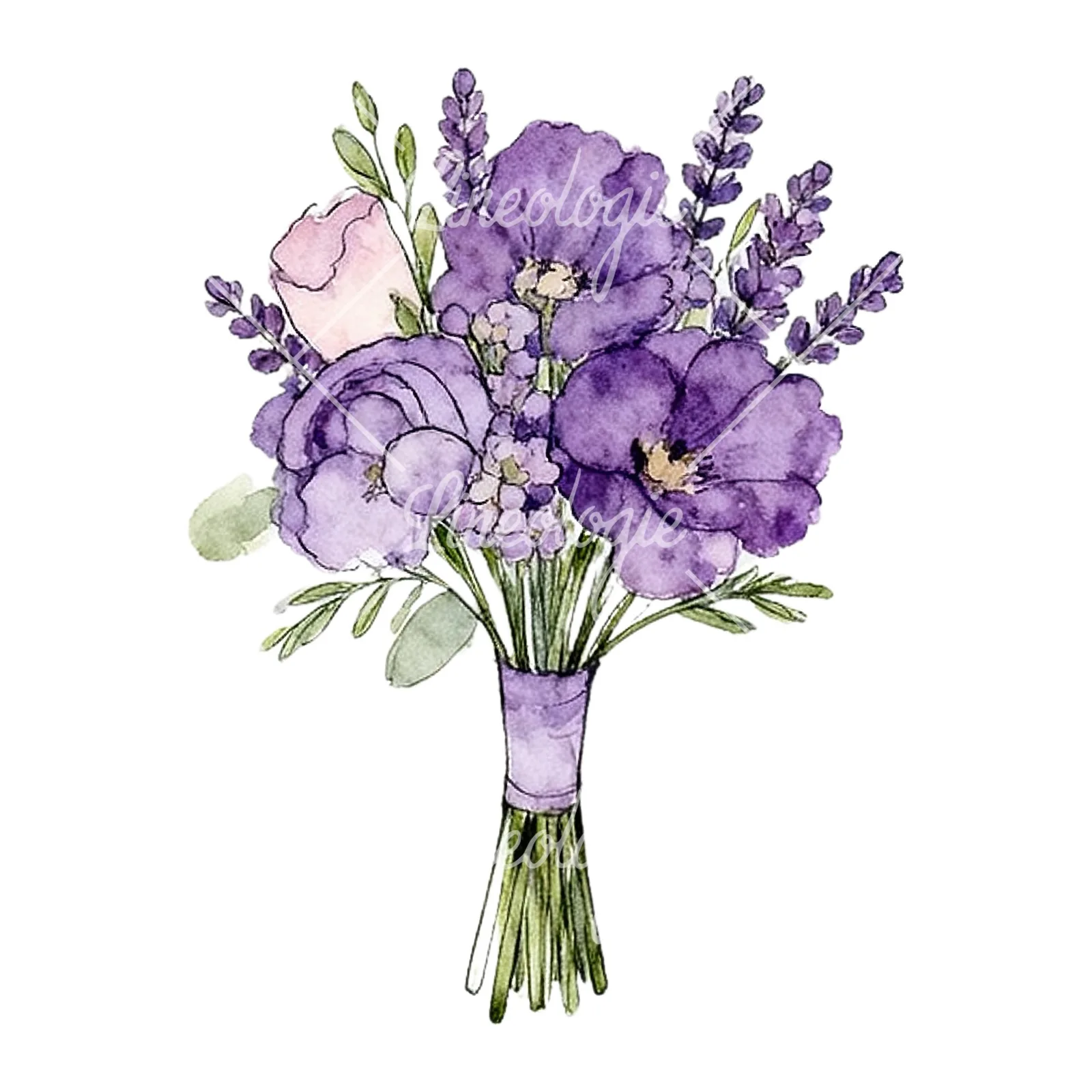 Watercolor lavender pale pink wedding bouquet clipart 5 of 9 on a white background (JPG)
