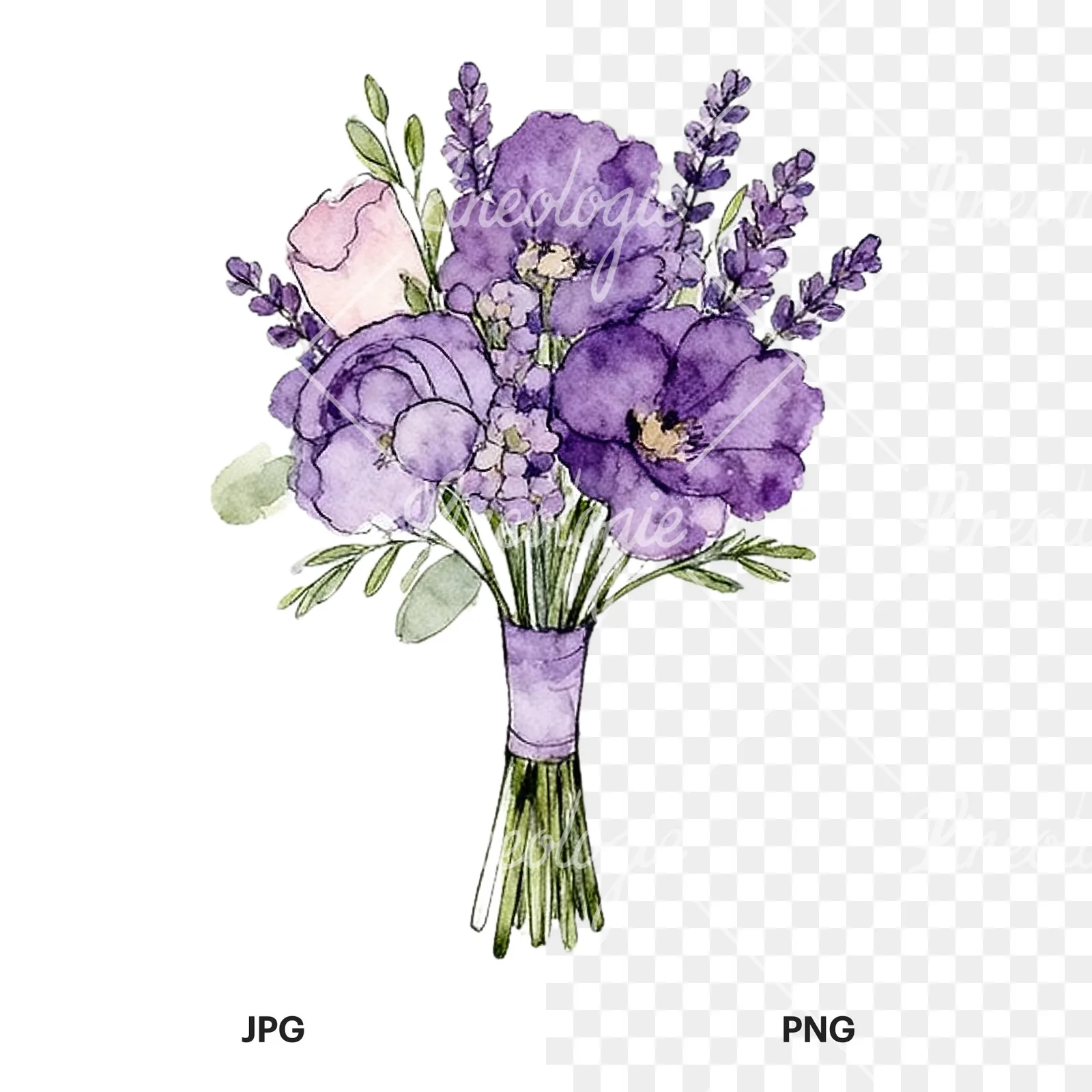 Watercolor lavender pale pink wedding bouquet clipart 5 of 9, as a JPG on white and a transparent PNG