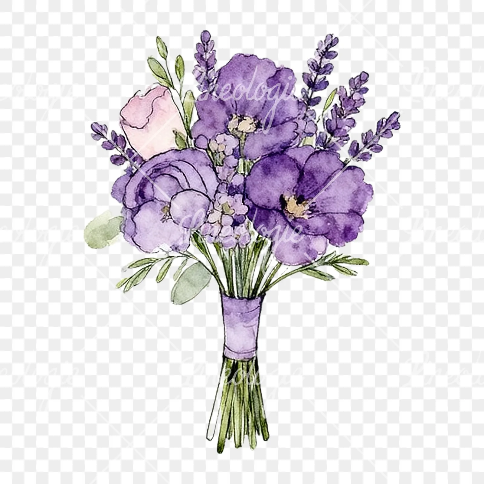 Watercolor lavender pale pink wedding bouquet clipart 5 of 9 on a transparent background (PNG)