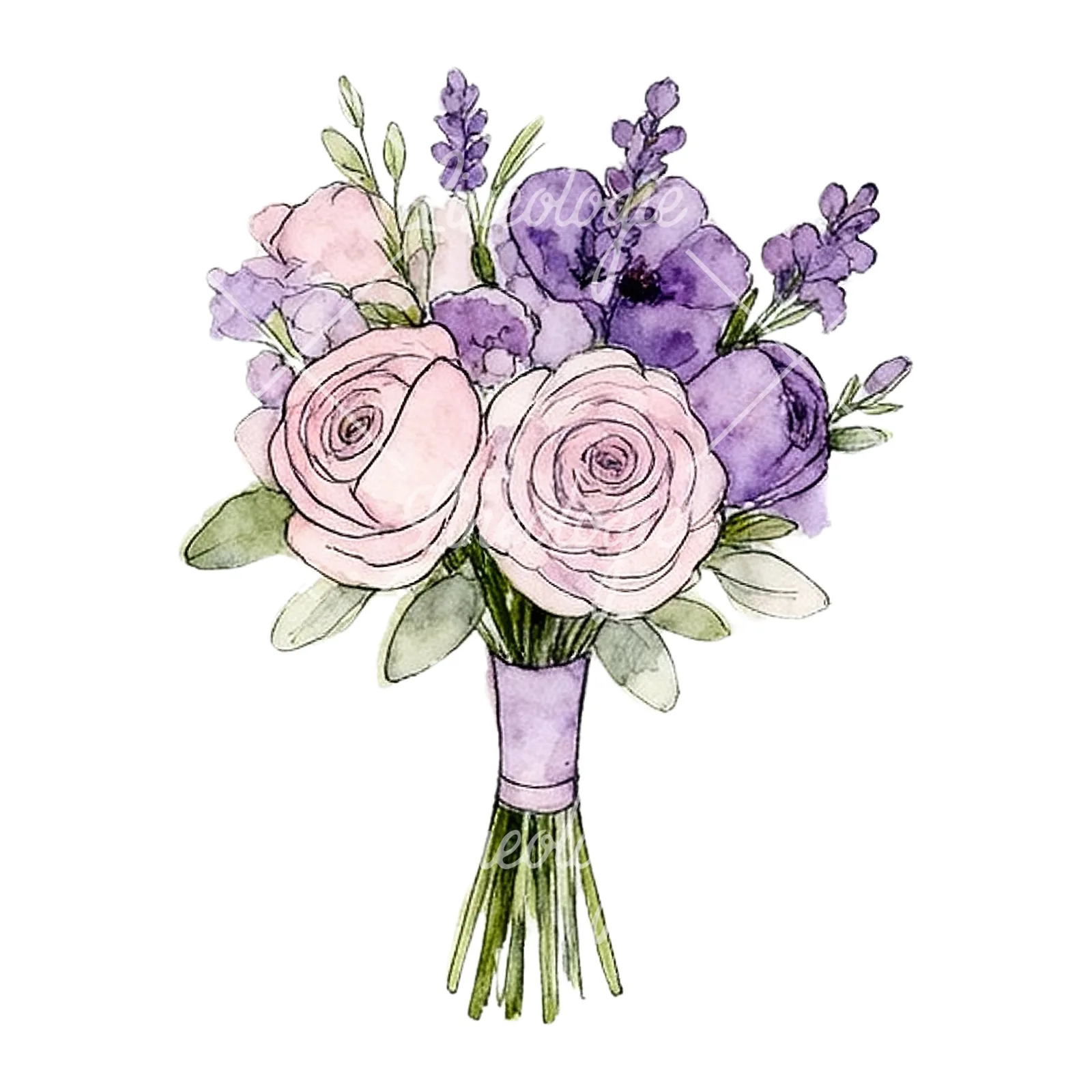 Watercolor lavender pale pink wedding bouquet clipart 6 of 9 on a white background (JPG)