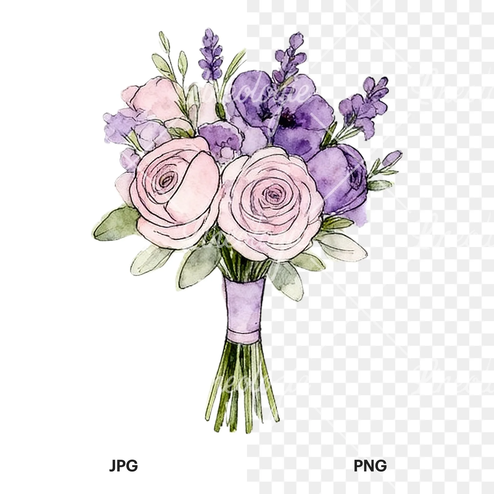 Watercolor lavender pale pink wedding bouquet clipart 6 of 9, as a JPG on white and a transparent PNG