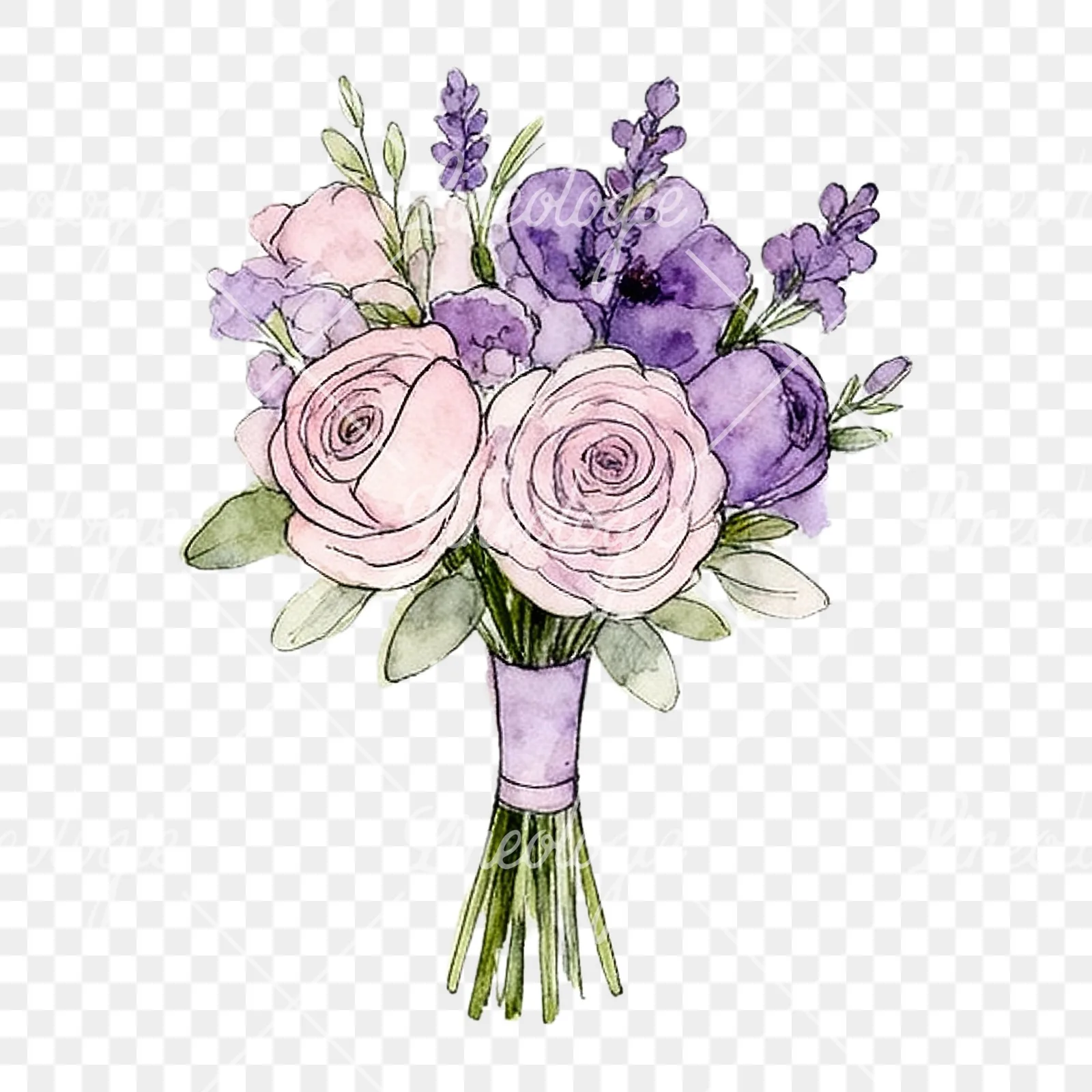 Watercolor lavender pale pink wedding bouquet clipart 6 of 9 on a transparent background (PNG)