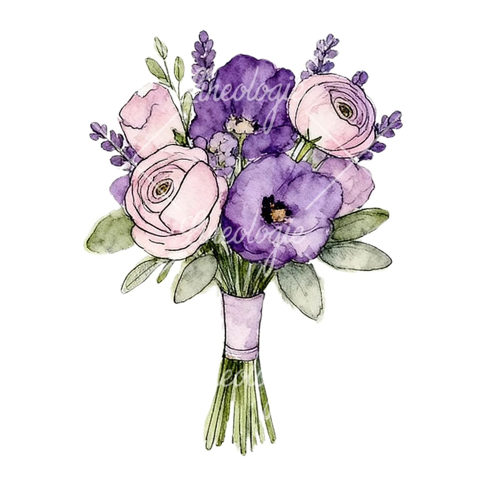 Watercolor lavender pale pink wedding bouquet clipart 7 of 9 on a white background (JPG)