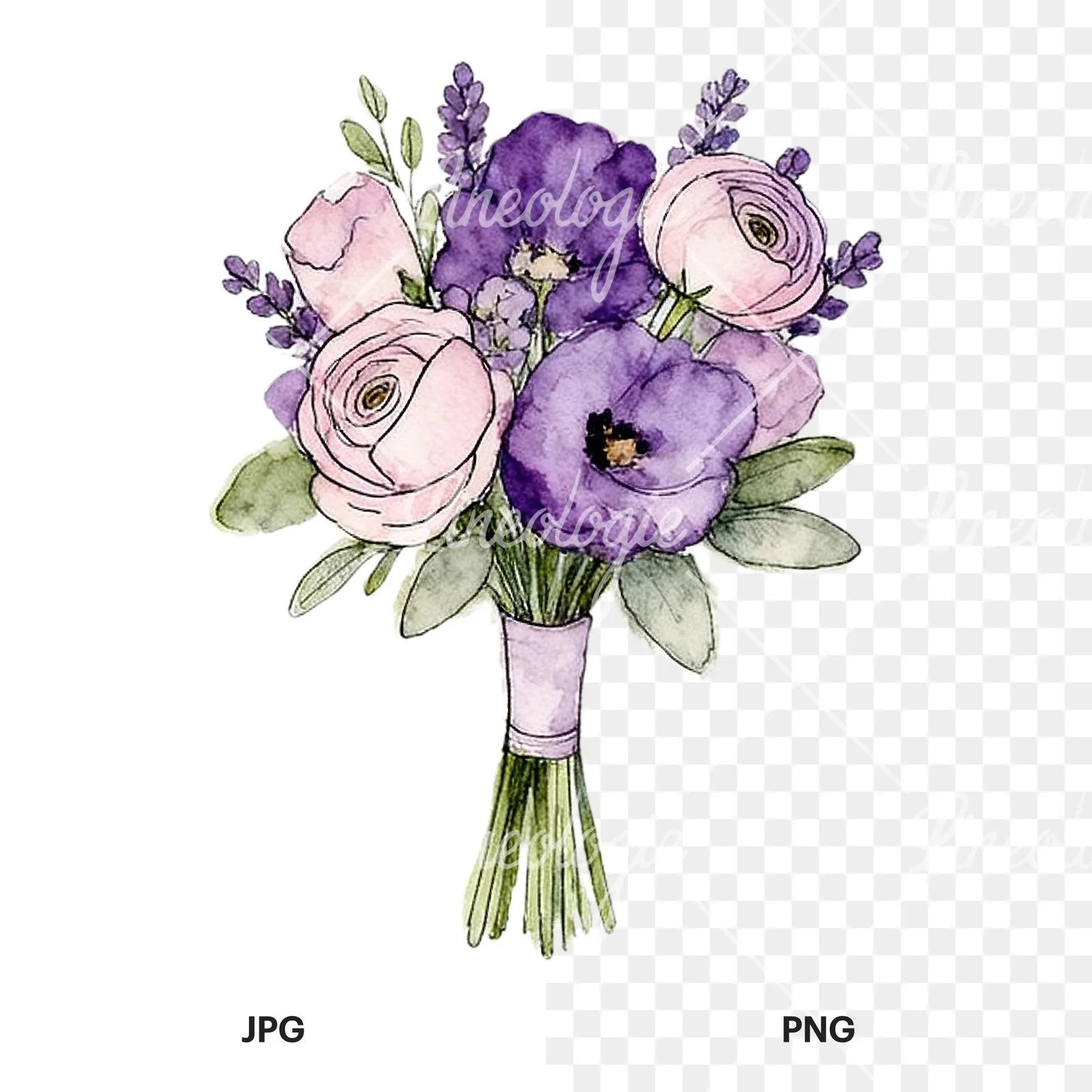 Watercolor lavender pale pink wedding bouquet clipart 7 of 9, as a JPG on white and a transparent PNG