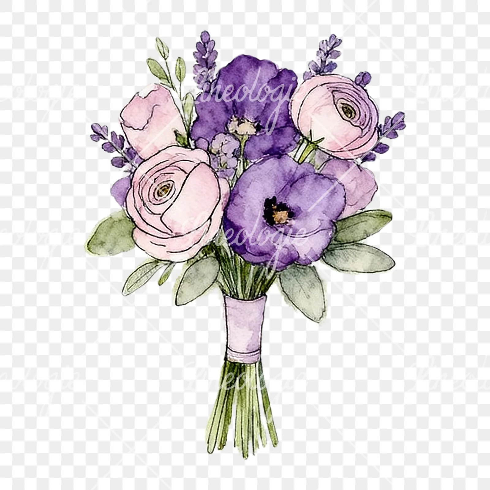 Watercolor lavender pale pink wedding bouquet clipart 7 of 9 on a transparent background (PNG)