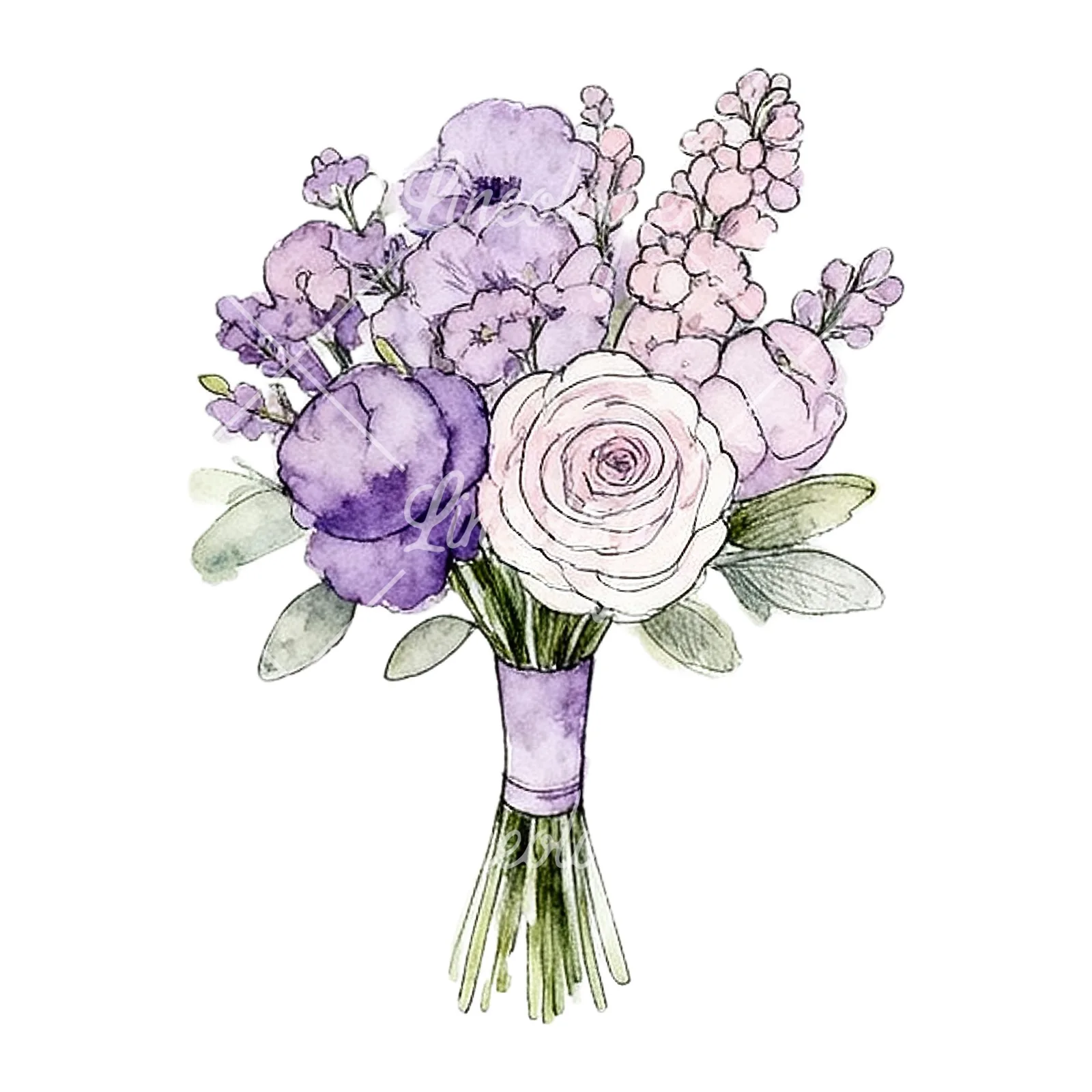 Watercolor lavender pale pink wedding bouquet clipart 8 of 9 on a white background (JPG)