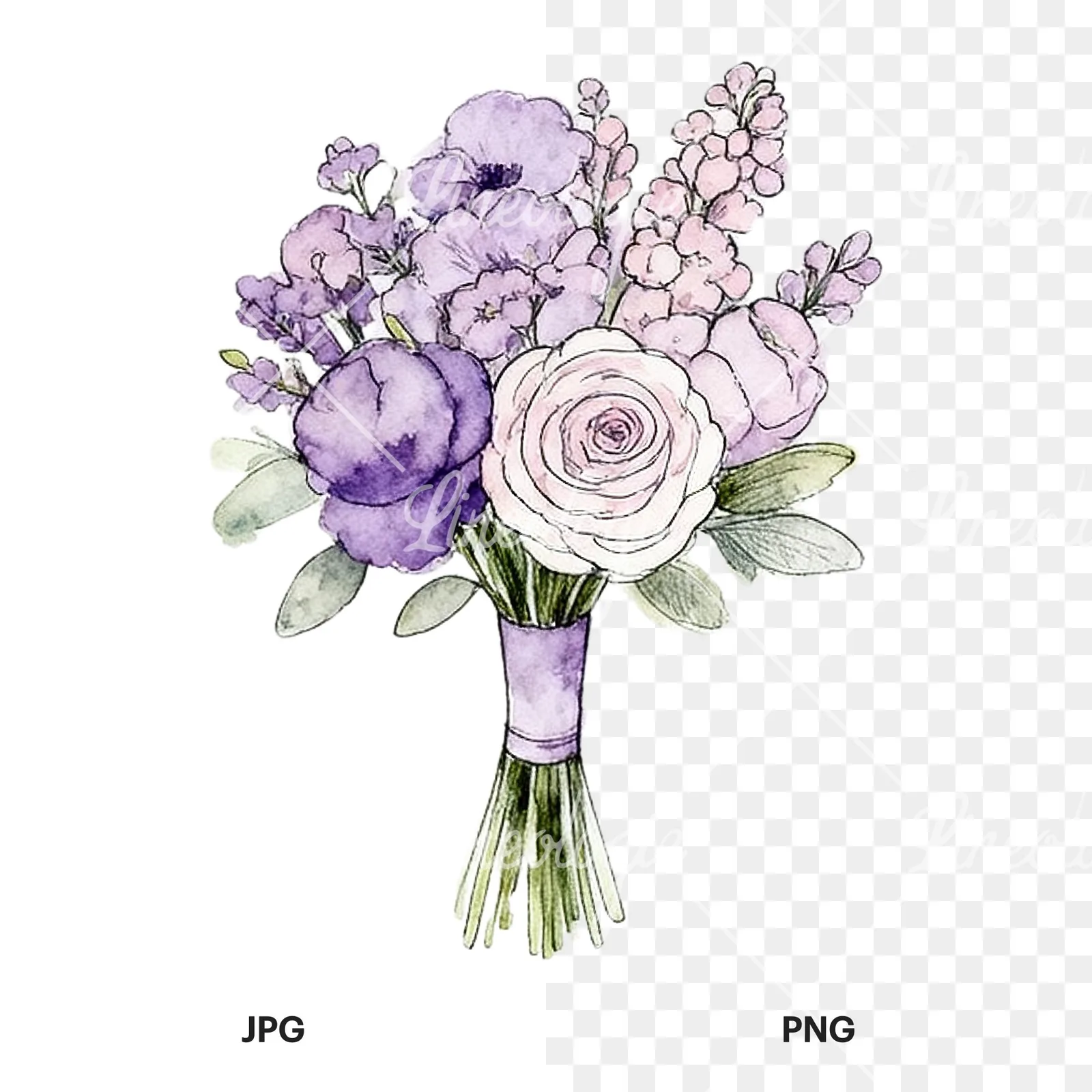 Watercolor lavender pale pink wedding bouquet clipart 8 of 9, as a JPG on white and a transparent PNG