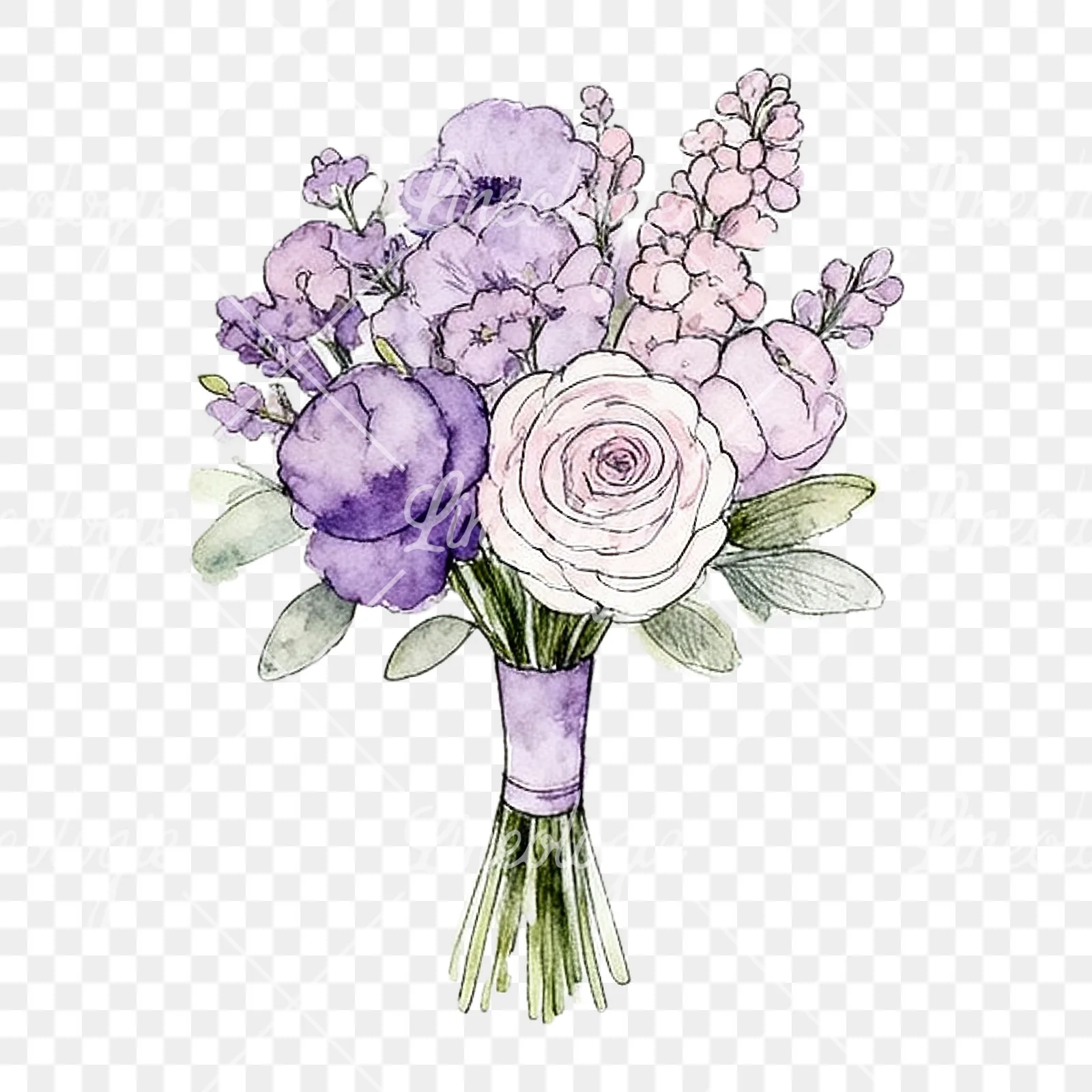 Watercolor lavender pale pink wedding bouquet clipart 8 of 9 on a transparent background (PNG)