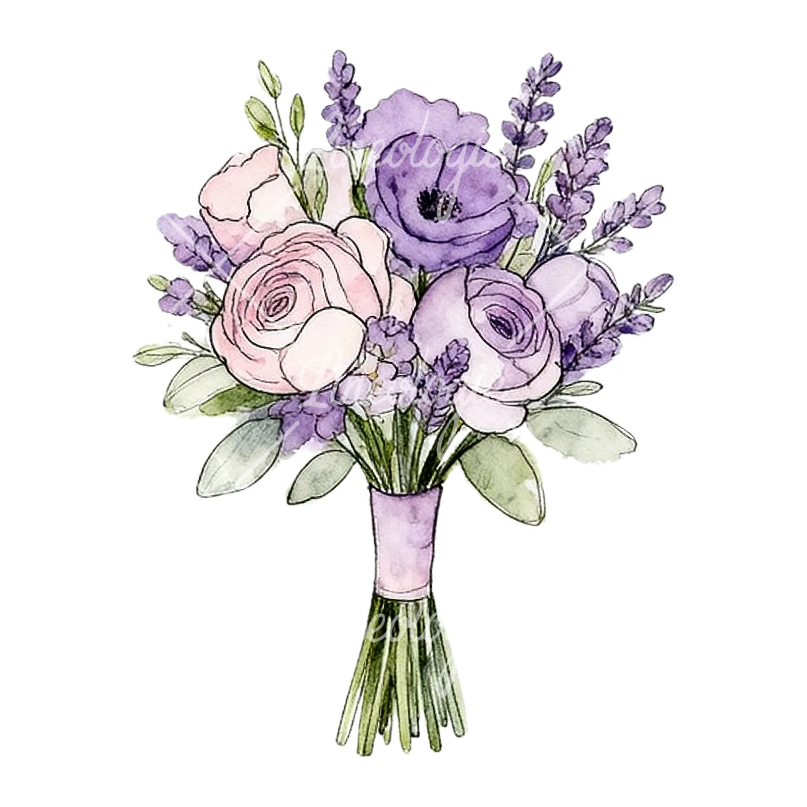 Watercolor lavender pale pink wedding bouquet clipart 9 of 9 on a white background (JPG)