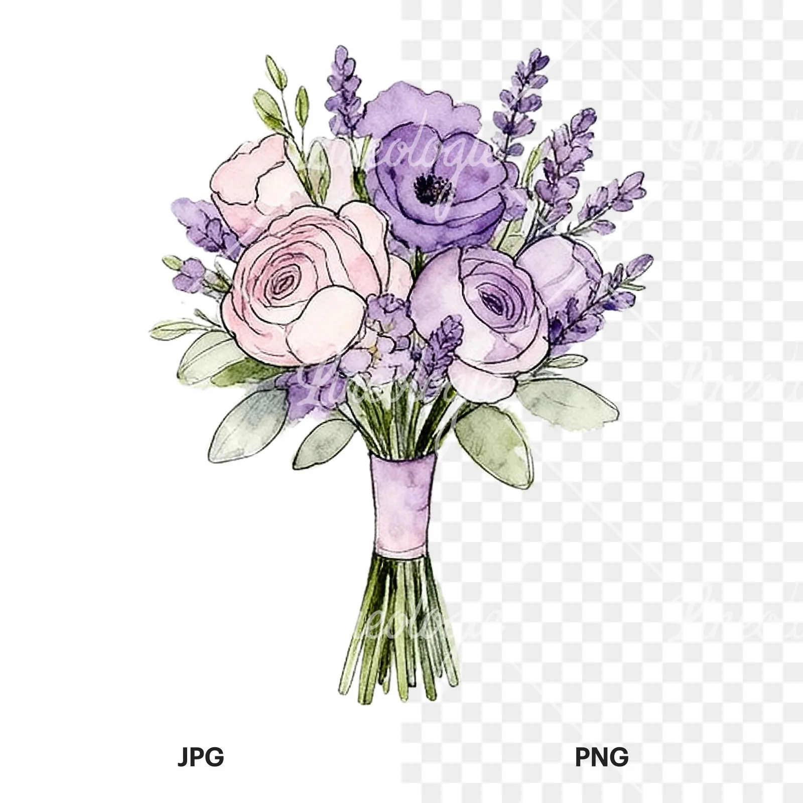 Watercolor lavender pale pink wedding bouquet clipart 9 of 9, as a JPG on white and a transparent PNG
