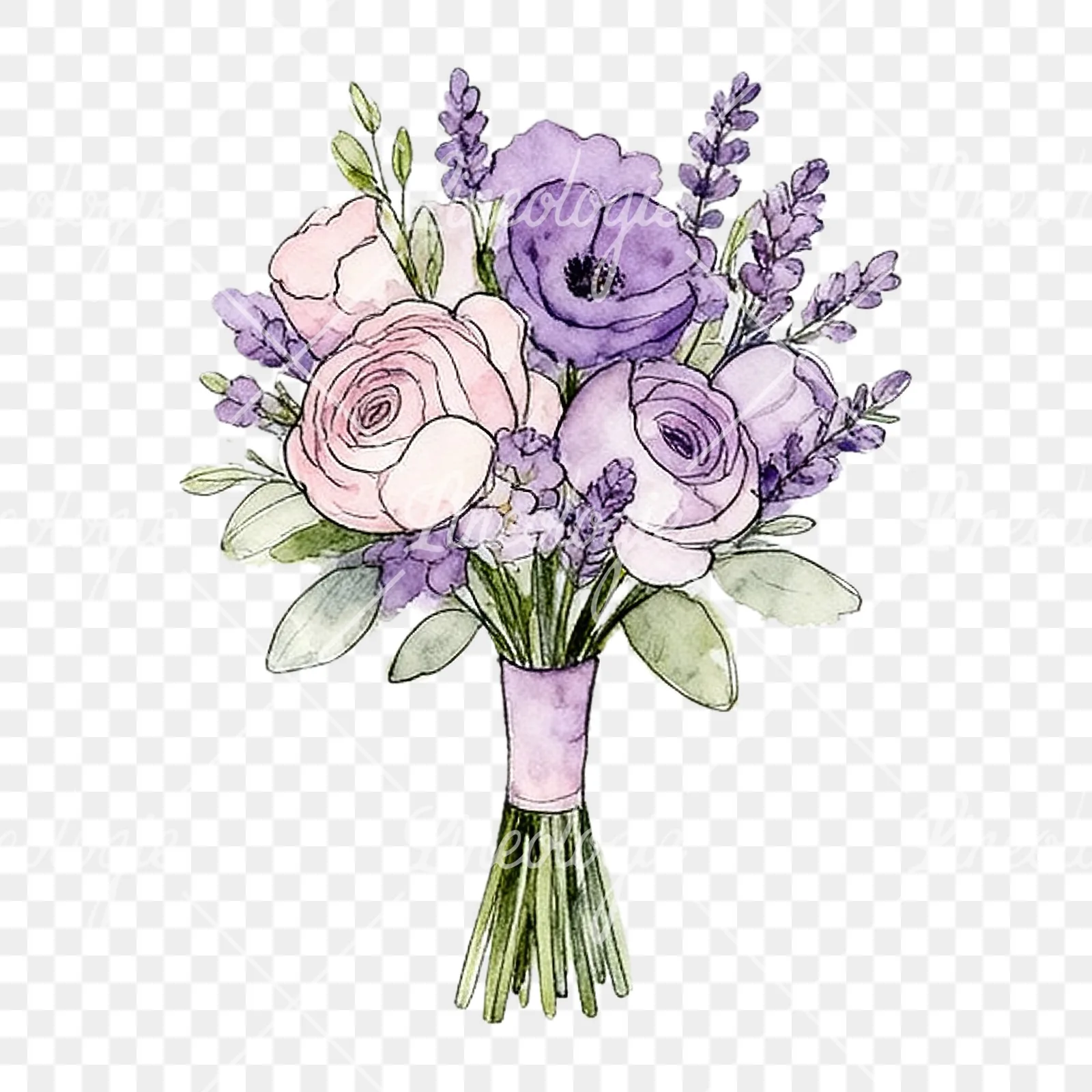 Watercolor lavender pale pink wedding bouquet clipart 9 of 9 on a transparent background (PNG)