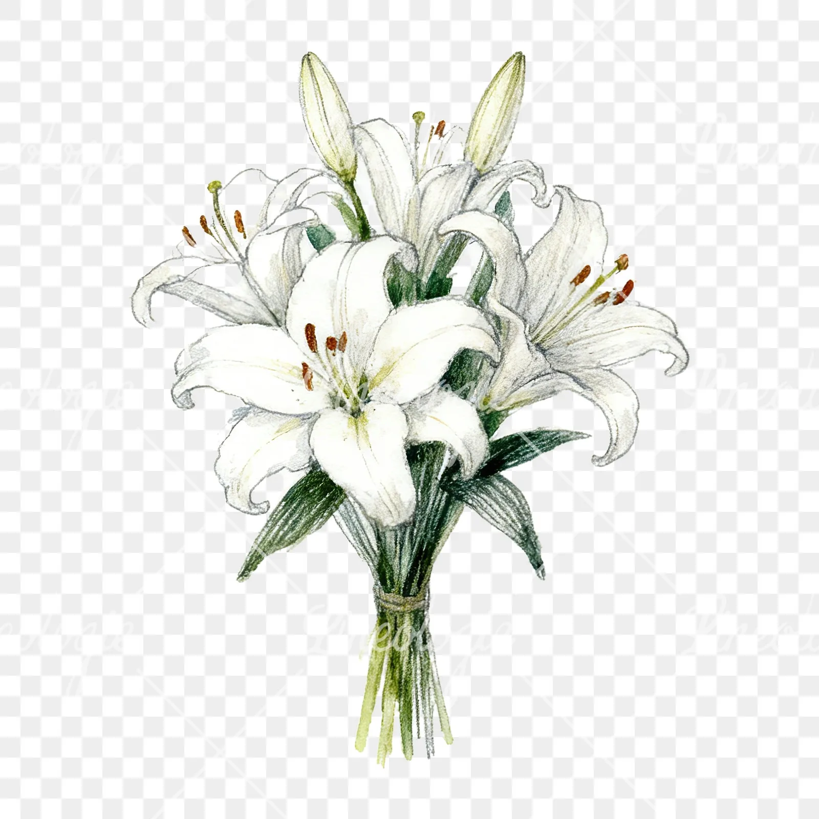 Watercolor lily bouquets pink white clipart 1 of 9 on a transparent background (PNG)