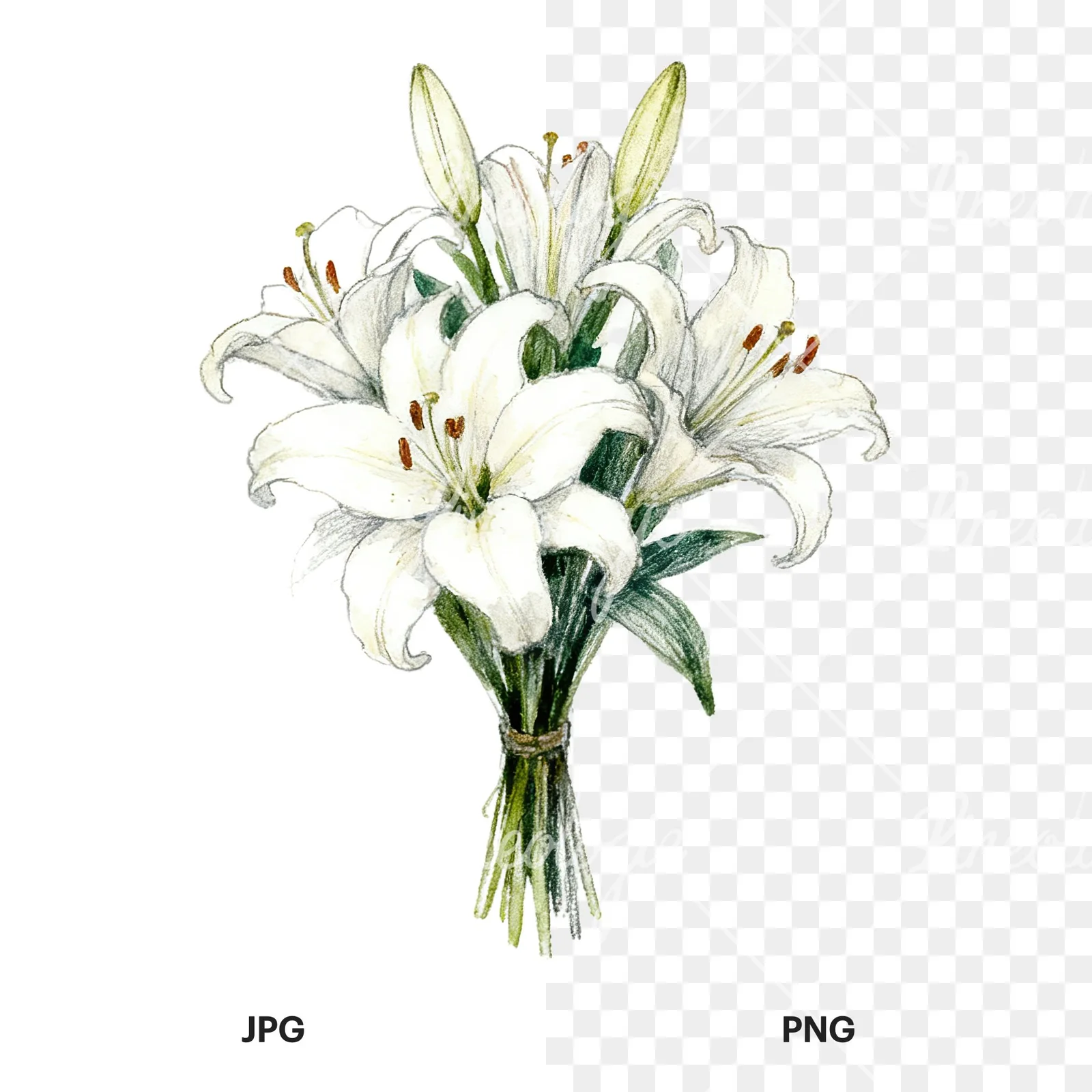 Watercolor lily bouquets pink white clipart 3 of 9, as a JPG on white and a transparent PNG
