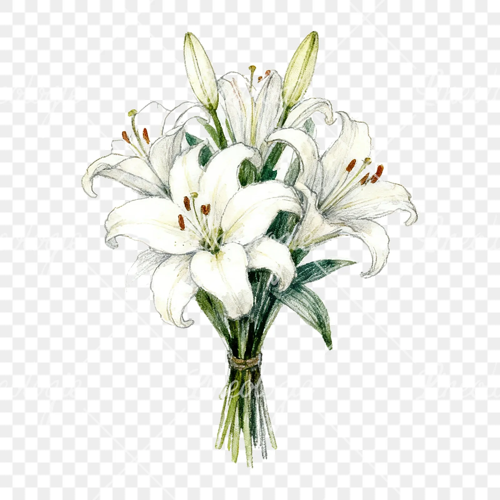 Watercolor lily bouquets pink white clipart 3 of 9 on a transparent background (PNG)