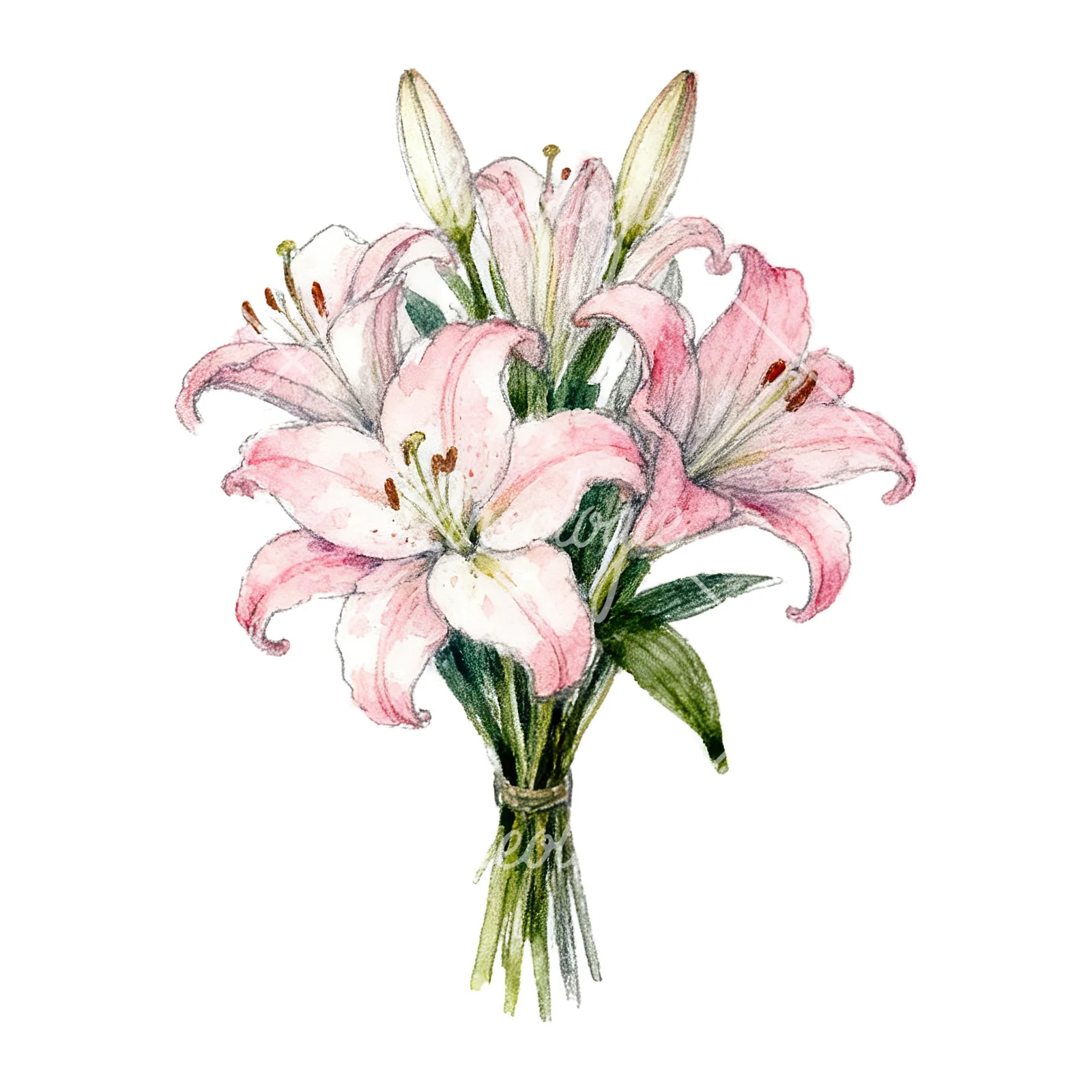 Watercolor lily bouquets pink white clipart 4 of 9 on a white background (JPG)