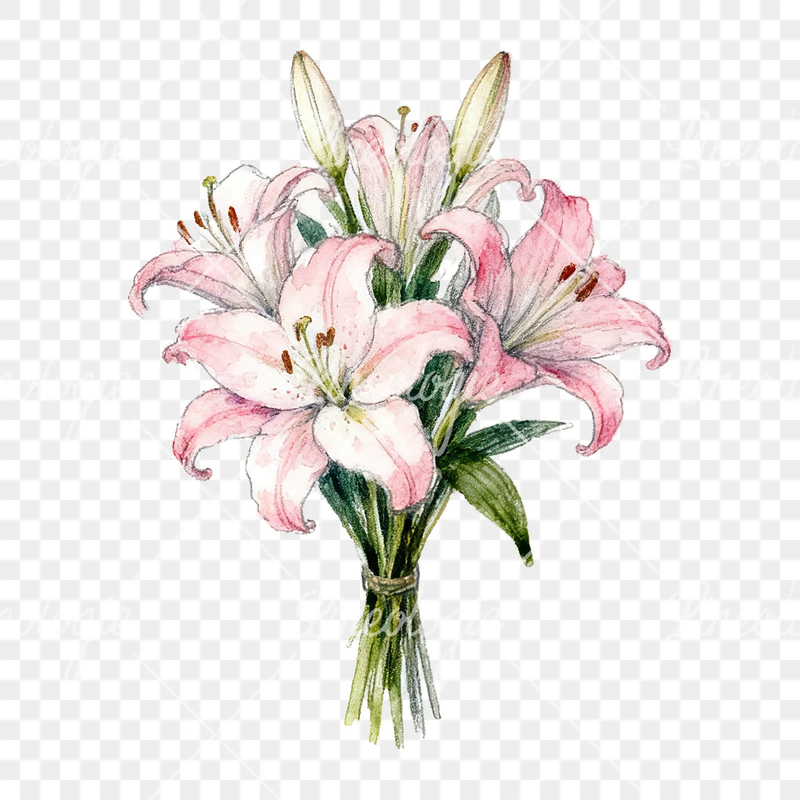 Watercolor lily bouquets pink white clipart 4 of 9 on a transparent background (PNG)