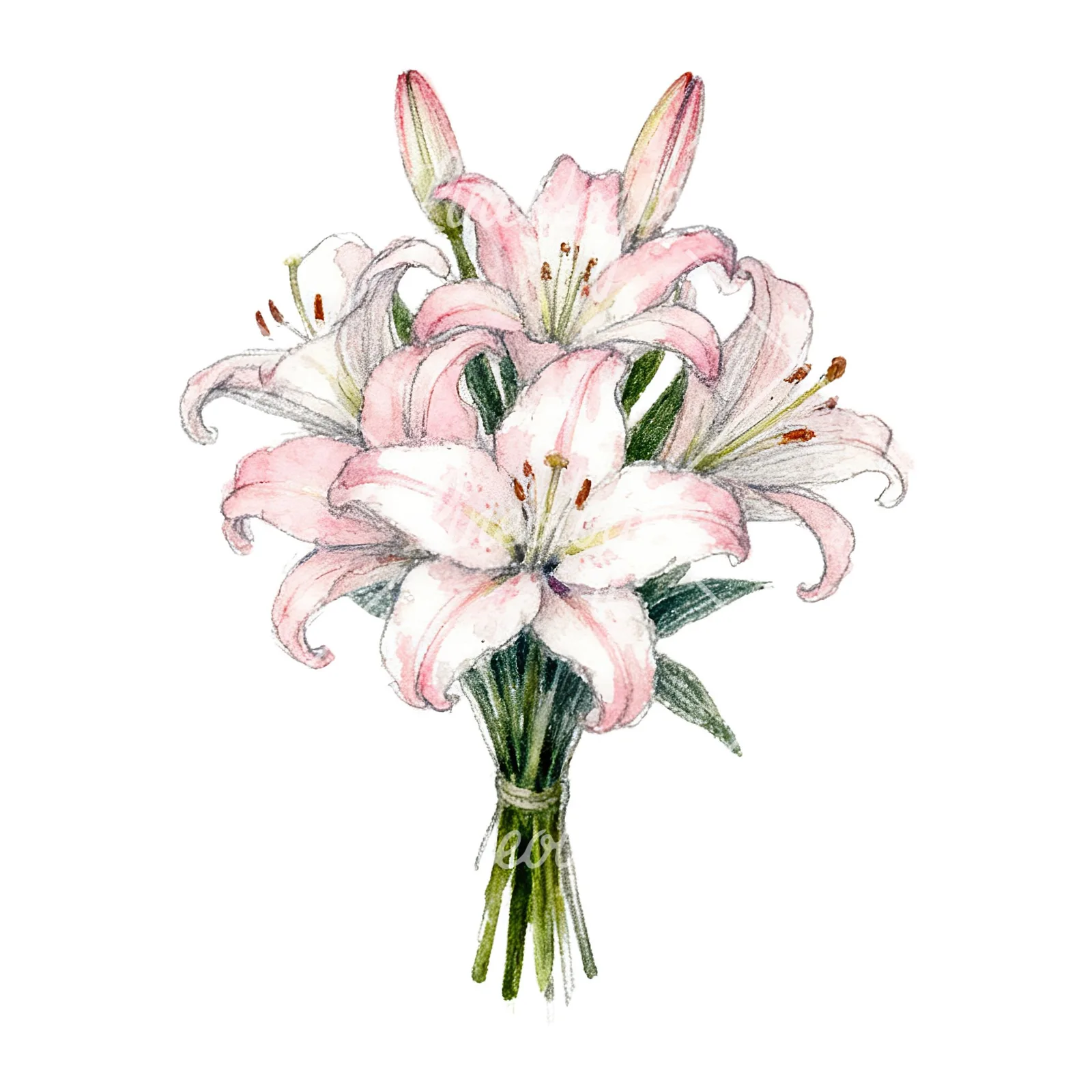 Watercolor lily bouquets pink white clipart 5 of 9 on a white background (JPG)