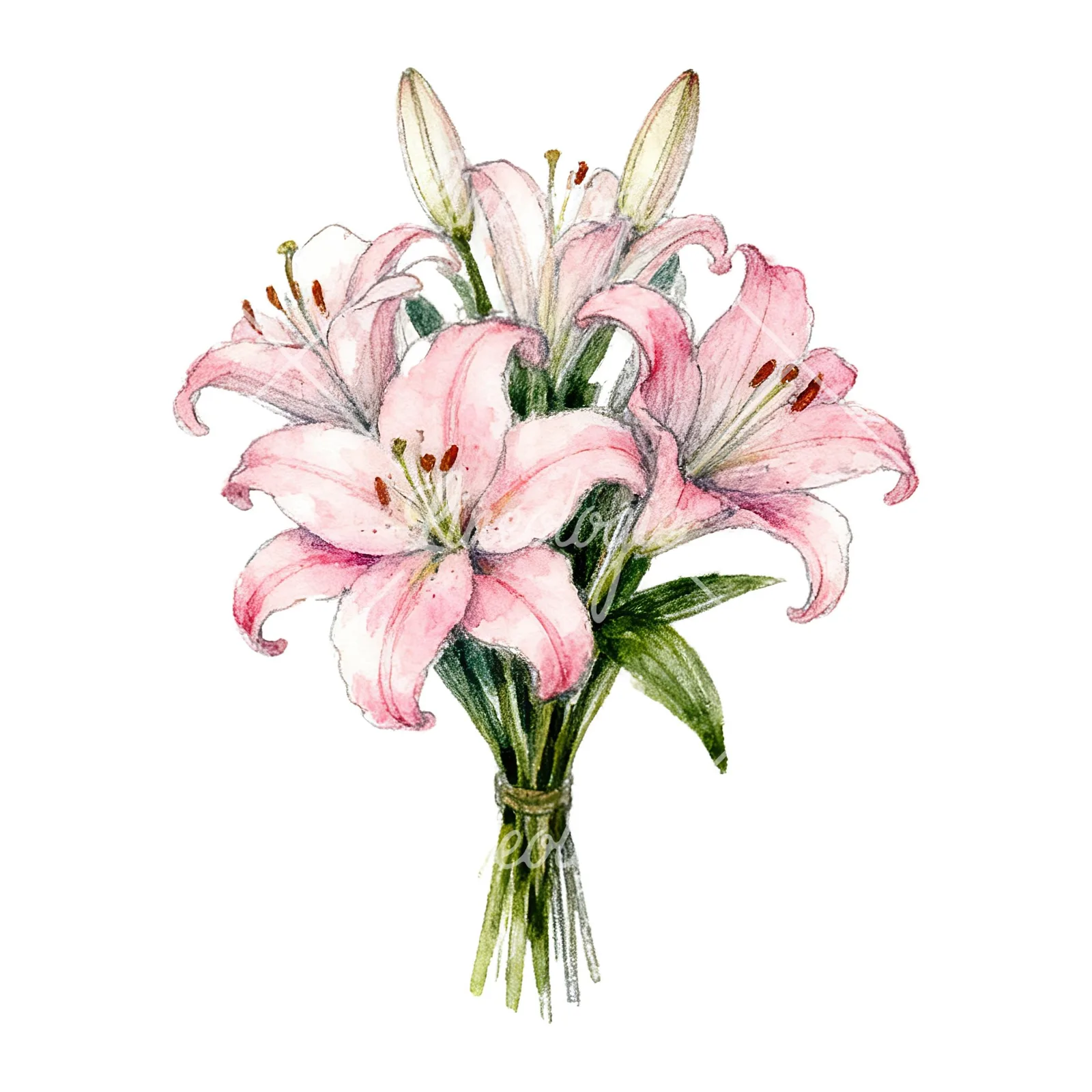 Watercolor lily bouquets pink white clipart 6 of 9 on a white background (JPG)