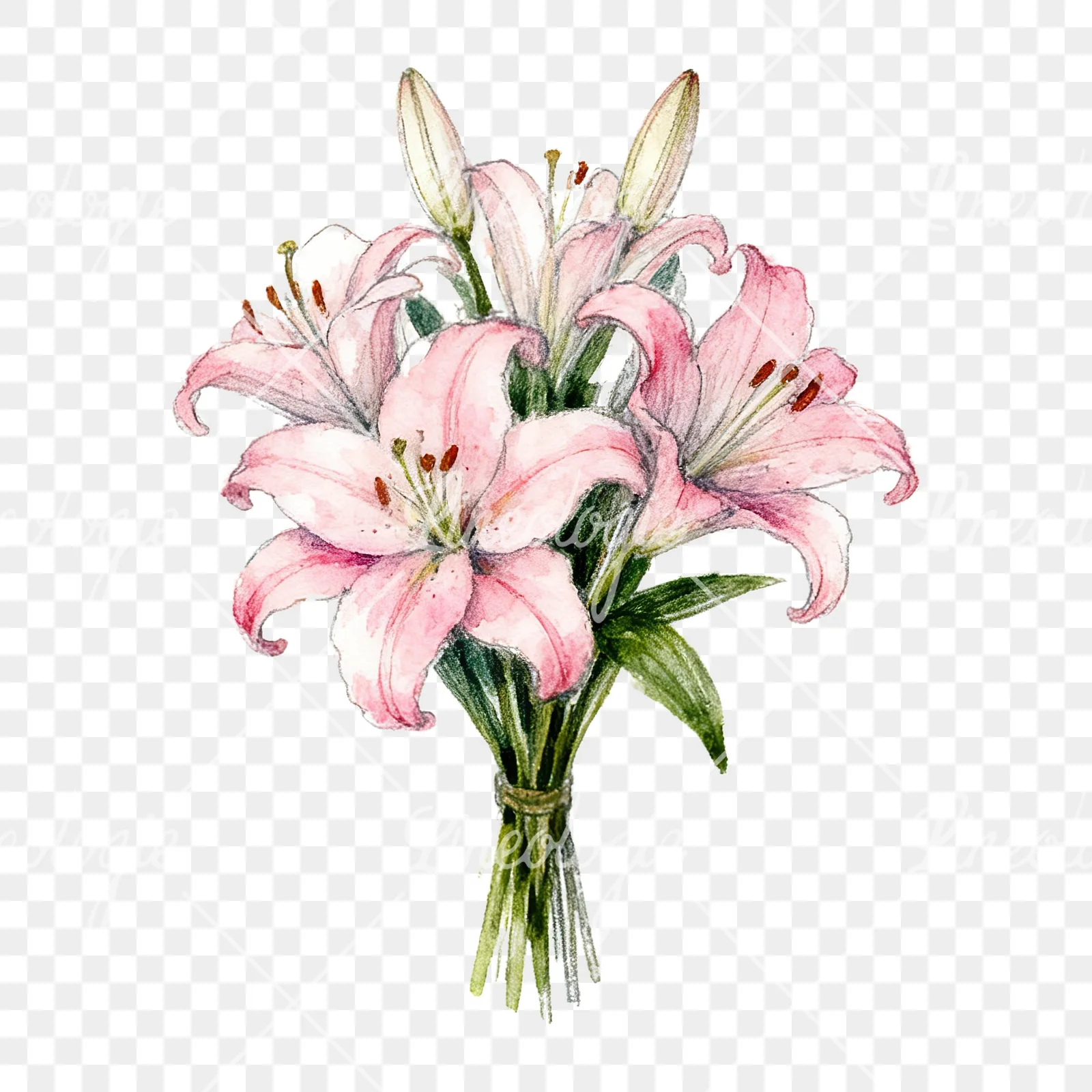 Watercolor lily bouquets pink white clipart 6 of 9 on a transparent background (PNG)